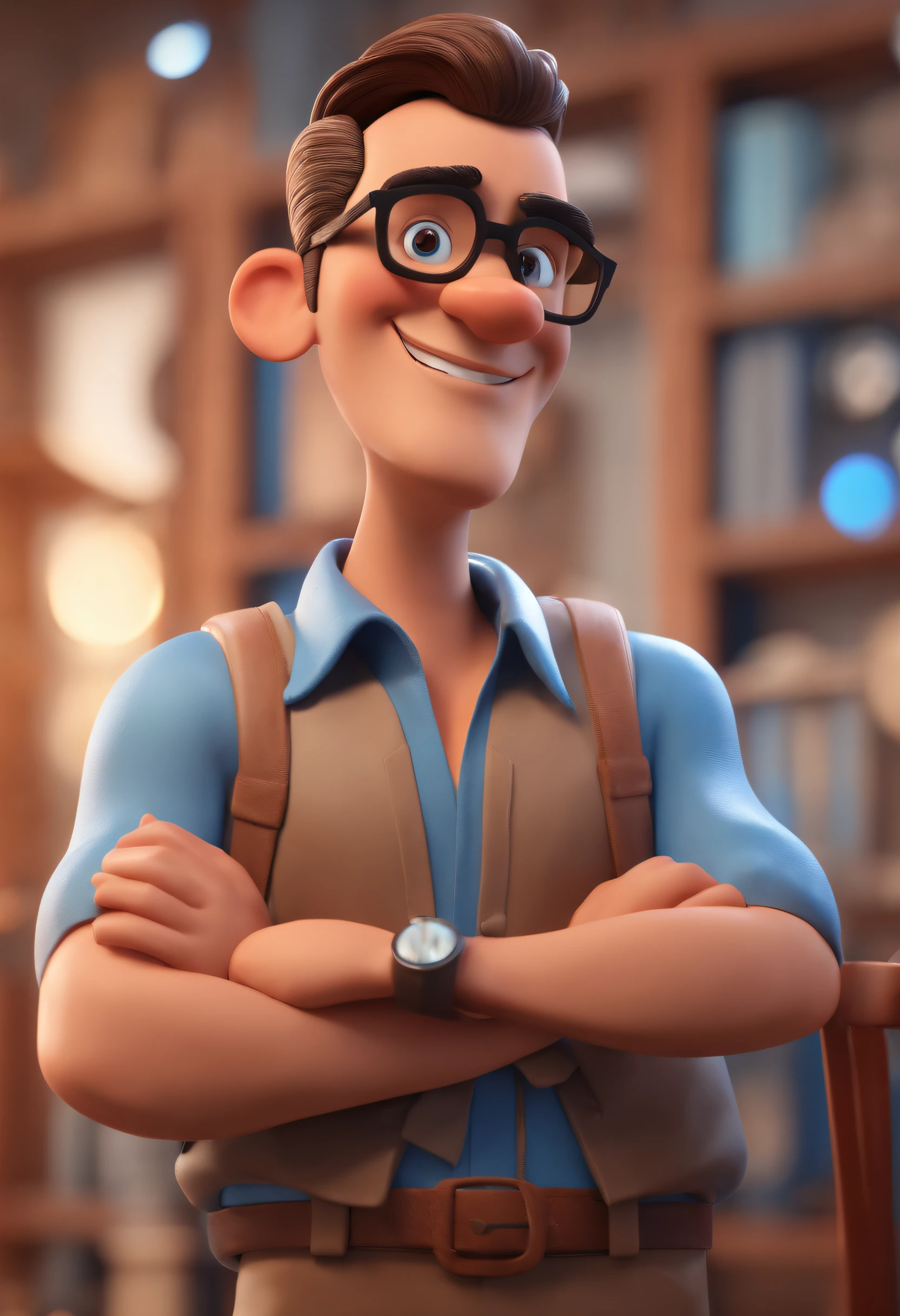 Cartoon character of a man with black glasses and a blue shirt, animation character, Caractere estilizado, animation style rendering, 3D estilizado, Arnold Maya render, 3 d render stylized, toon render keyshot, Personagem 3D, Personagem 3D, 3d rendering stylized, 3 d character render, personagem de desenho animado, Personagem de close up, Pose de personagem,  (Estilo Pixar) (master part:1.2) (Bokeh) (best quality) (pele detalhada) (textura detalhada) (8k) (argila) (Cinematic lighting) (foco nítido