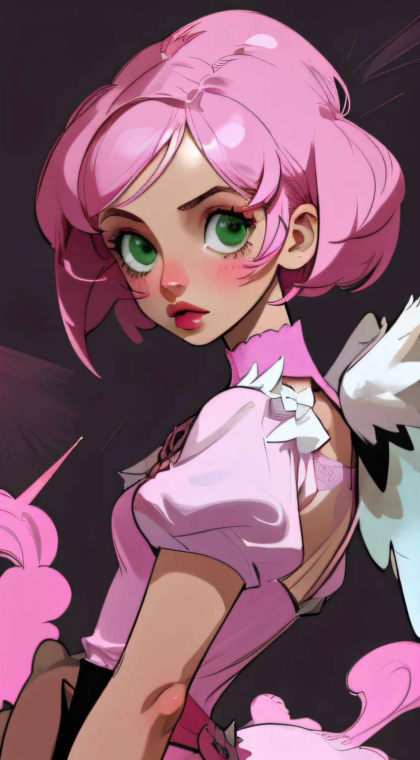 Alisa bosconovitch, melhor qualidade, contemporary, estilo plano, minimalismo, Green Eyes Flat Illustration, cabelo rosa, cabelo curto, cabelos multicoloridos, Camisa Preta, mechanical wings, Head Portrait Close-U, peito pontudo, decote, super decote, middlebreasts, Tekken,cabelo rosa pastel, 1girl, em quimono, hand-painted,Desenho de linha sem cor, colorida do yandere pastel, Tekken, Super cute pink hair girl with gothic makeup on the side, com roupa de empregada,figura esbelta,robusto,He sat on the floor,Vestido com roupas de empregada rosa e branco,cabelos muito curtos,com orelhas de gato,quadratic element,, kawaii cor-de-rosa na roupa da era de 1910, Alisa Bosconovich pink lips, no estilo da paleta de cores suave aurorapunk, an anime illustration of his face, gifs animados, hand drawn animation, charming sketches, suave e brilhante, romantismo nebuloso, Estilo Superflat, fundo branco - ar 1:1 - niji 5 - estilo expressivo --s 50 ,Pink kawaii girl in the era of 1920s clothesPink eagles, vestindo uma camisa branca brilhante, no estilo da paleta de cores suave aurorapunk, an anime illustration of his face, gifs animados, hand drawn animation, charming sketches, suave e brilhante, romantismo nebuloso, Estilo Superflat, fundo branco - ar 1:1 - niji 5 - estilo expressivo --s 50, Absurdo, Alto, ultra detalhados, (1girl:1.3), quebrar , Crie uma imagem com uma bela caligrafia