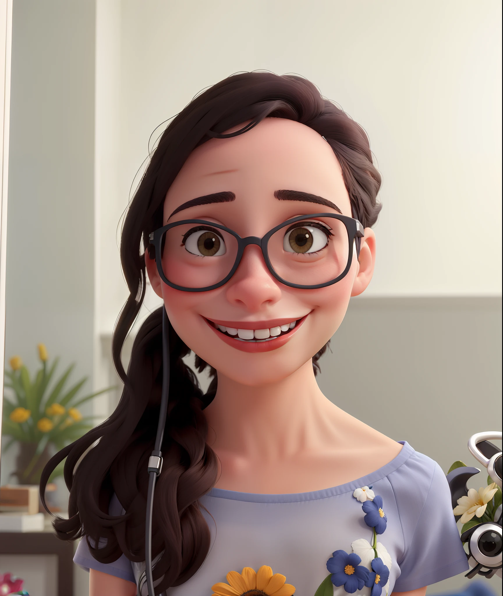 sorridente com blusa de estampas de flores, com fone de ouvido e oculos de grau