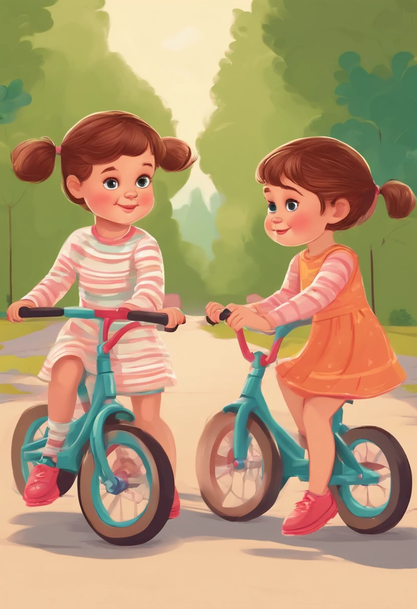 two 3 year twin girls with short hair sitting on two pushbikes in park, cartoon style