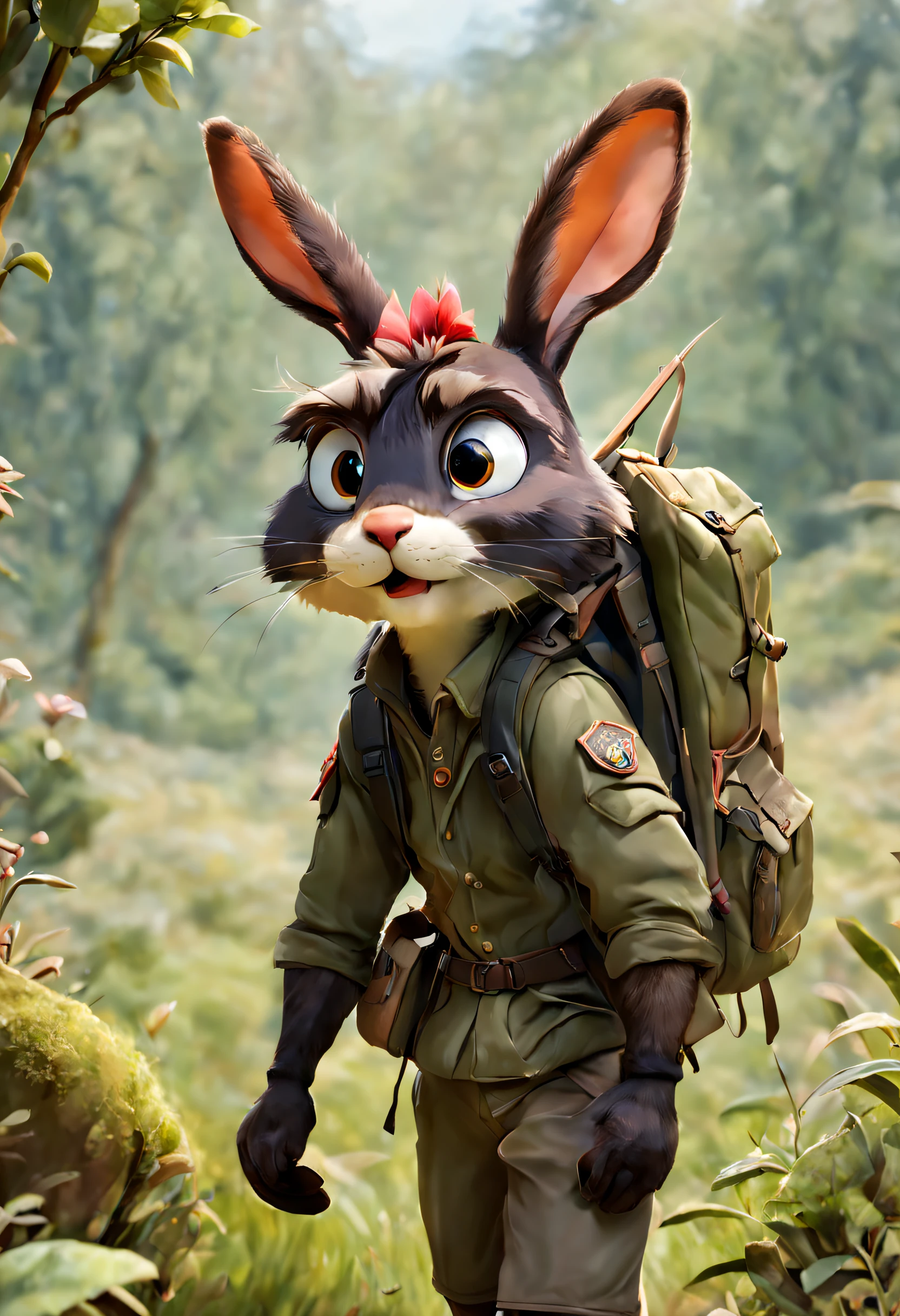 an adventurous rabbit through the countryside with a backpack on his back