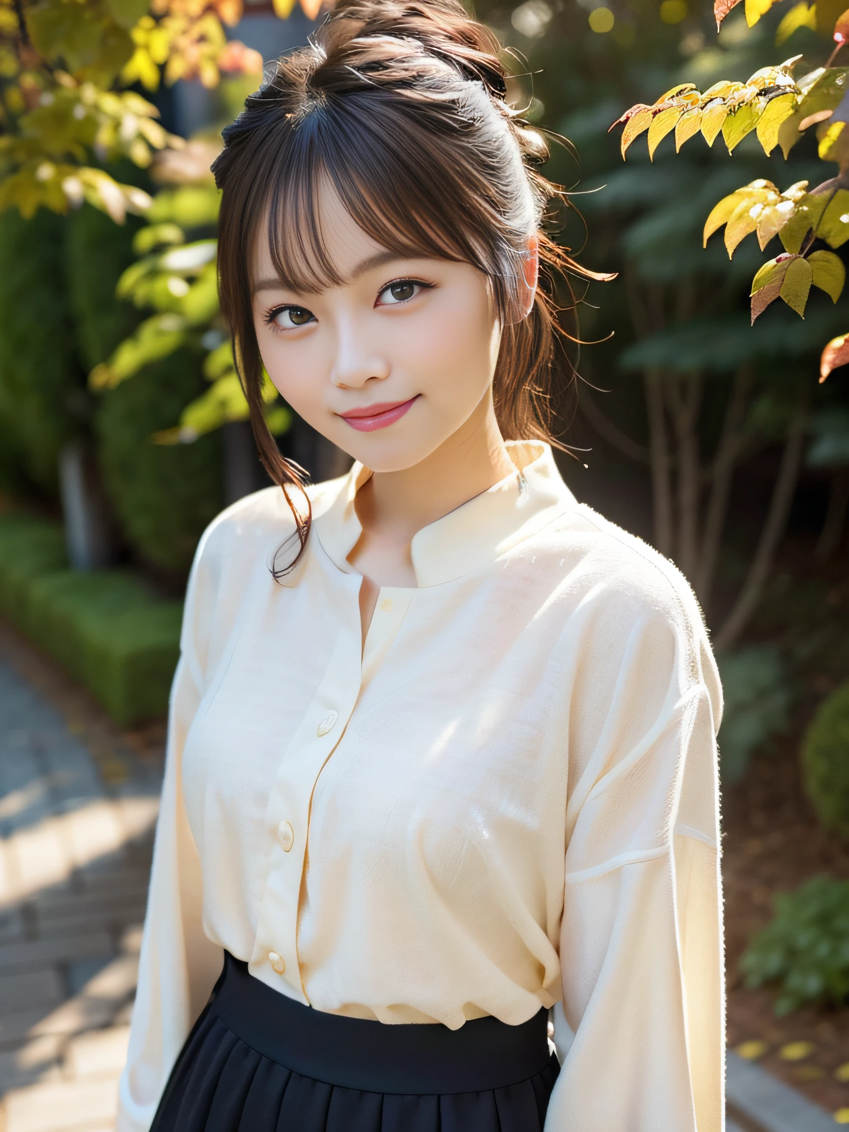 in 8K,Best Quality:1.4, 超A high resolution:1.5, (Photorealistic:1.4),​masterpiece:1.2,(top-quality:1.4)、 Raw photo、Japan girls in casual clothes、looking at the viewers、Hi-Res、The ultra-detailliert、natural skin textures:1.3, realistic eyes and face details:1.7、nogizaka, cute  face、30-years old:1.2、thighs thighs thighs thighs、Textured skin:1.2, beautiful smiling face 、 (Shy smile:1.2)、Medium chest、beautiful finely detailed eyes、(Casual clothing:1.2)、FULL BODYSHOT、Colored leaves、a miniskirt:1.2、beauty legs、Beautiful black eyes、is standing、autumnal、date、on a hill