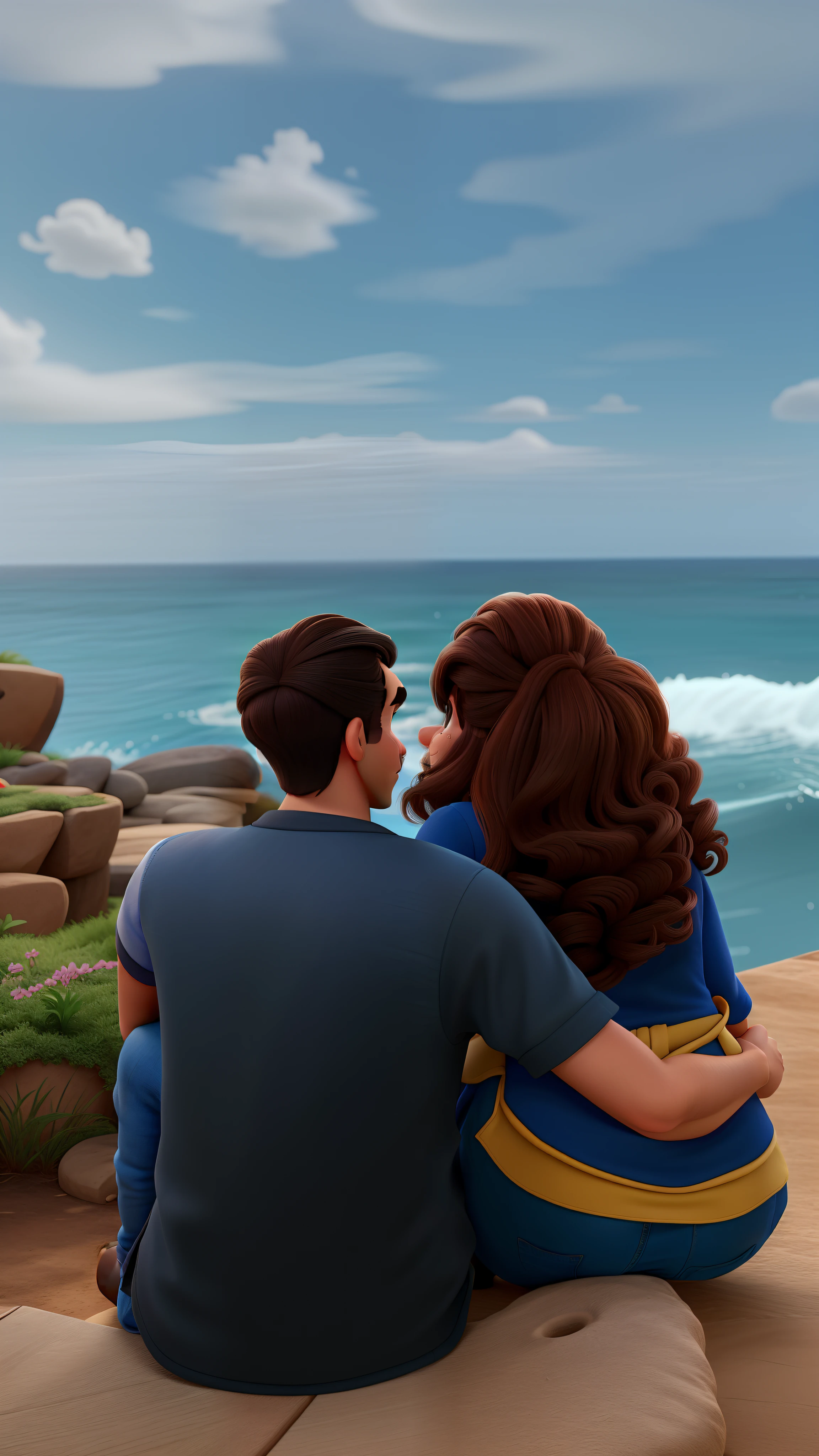 Casal estilo disney pixar melhor qualidade alta qualidade. Homem moreno cabelo comprido crespo barba e mulher loira olhos azuis cabelos longos lisos