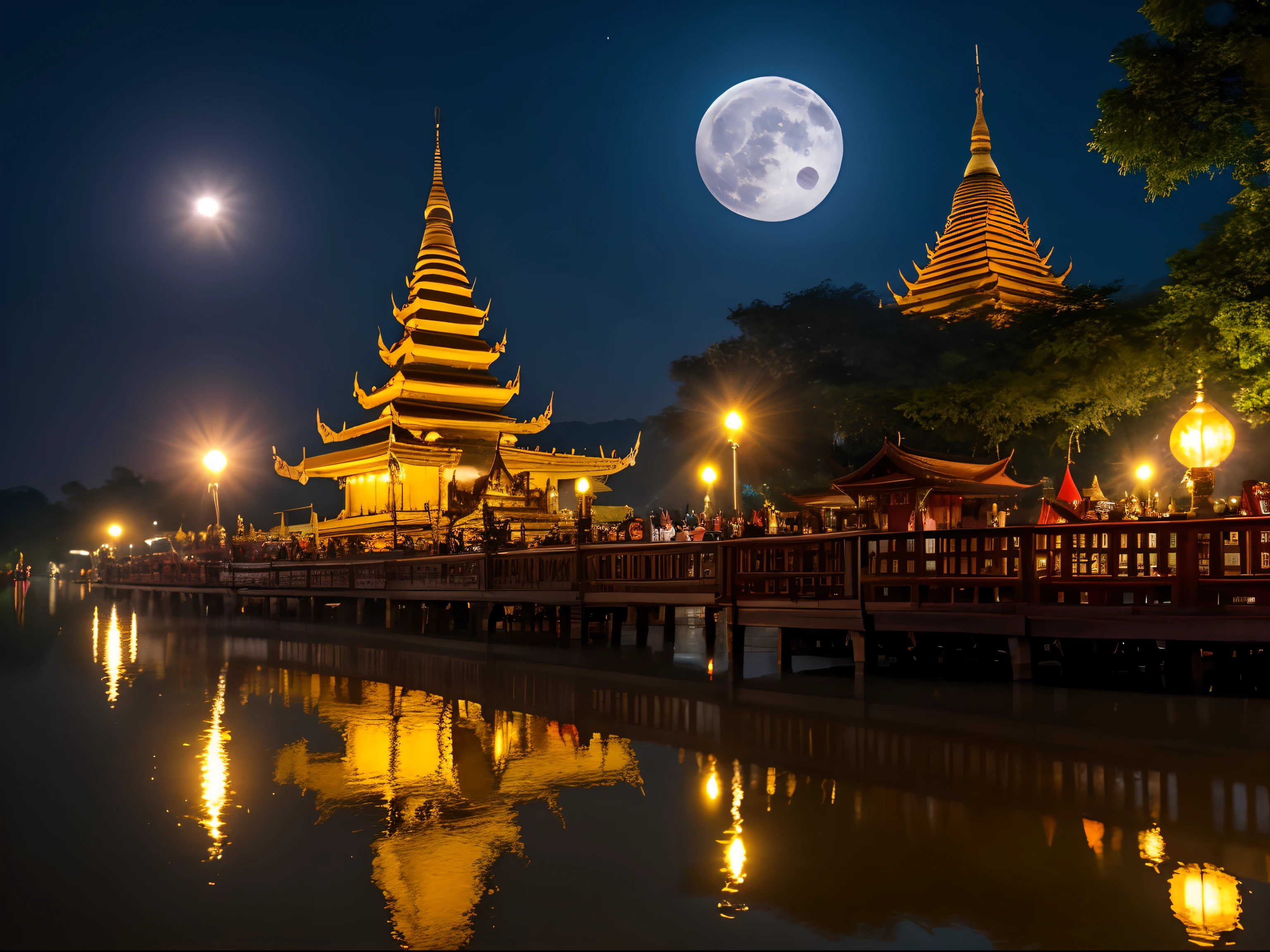 high quality, 8K Ultra HD, myanmar tazaungdaing festival, water floating lanterns in the river, pagoda background, nature, hyper realistic, full moon, candles, high detailed