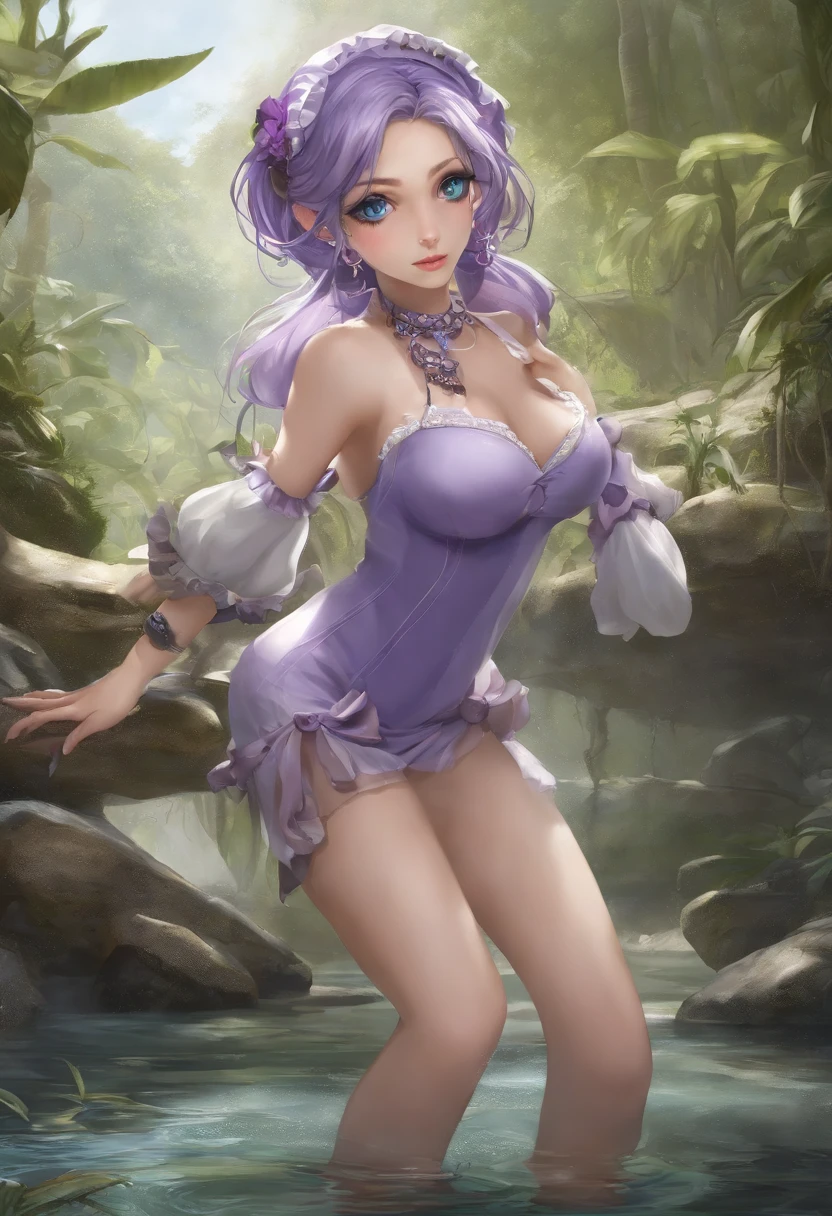 Sports Illustrated Bikini Issue, (best quality:1.3),(masterpiece:1.3),(illustration:1.3),(ultra-detailed:1.3),(imid shot:0.9),, , , 1girl,solo,very young,upper body,short neck,small breasts,, , from side,from below,close-up,, , , purple eyes,jewel-like eyes,extremely detailed eyes,extremely detailed face,(seductive smile:0.8),(open mouth:0.3),, , , filthy stream, murky water, garbage floating, rotting stench, haunting melody, scattered syringes, polluted mystery, abandoned tranquility, forgotten path, pebbled riverbed , twintails, maid,green hair,