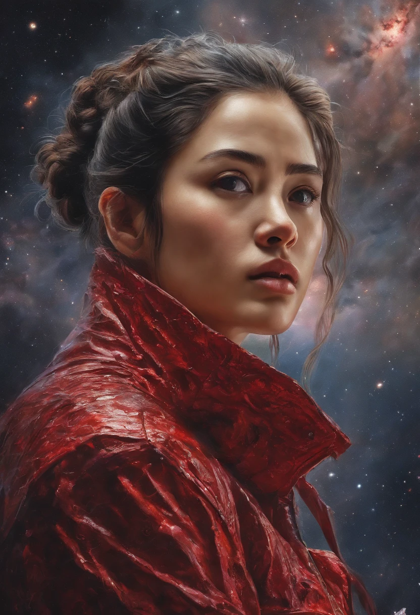 Impasto Oil Painting of a Woman, profile , Look at the front,doa、fold hand with、  The background is outer space,Red Galaxy、 a closeup, hyper - realistic oil painting. masterpiece artwork.