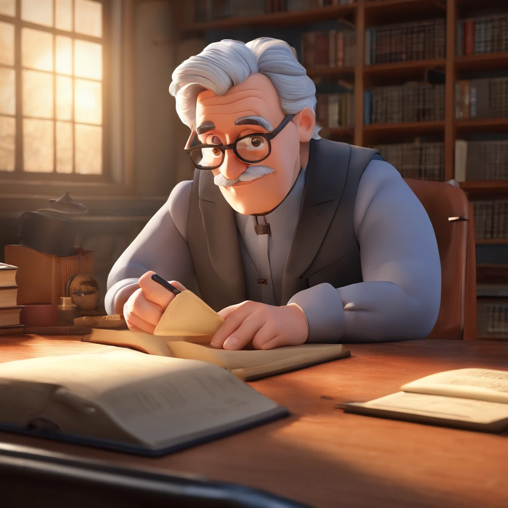 Crie um cartaz inspirado na Disney Pixar com o personagem sendo o pastor Rubens Janier, A gray-haired man wearing glasses, in an office with a Bible on the table