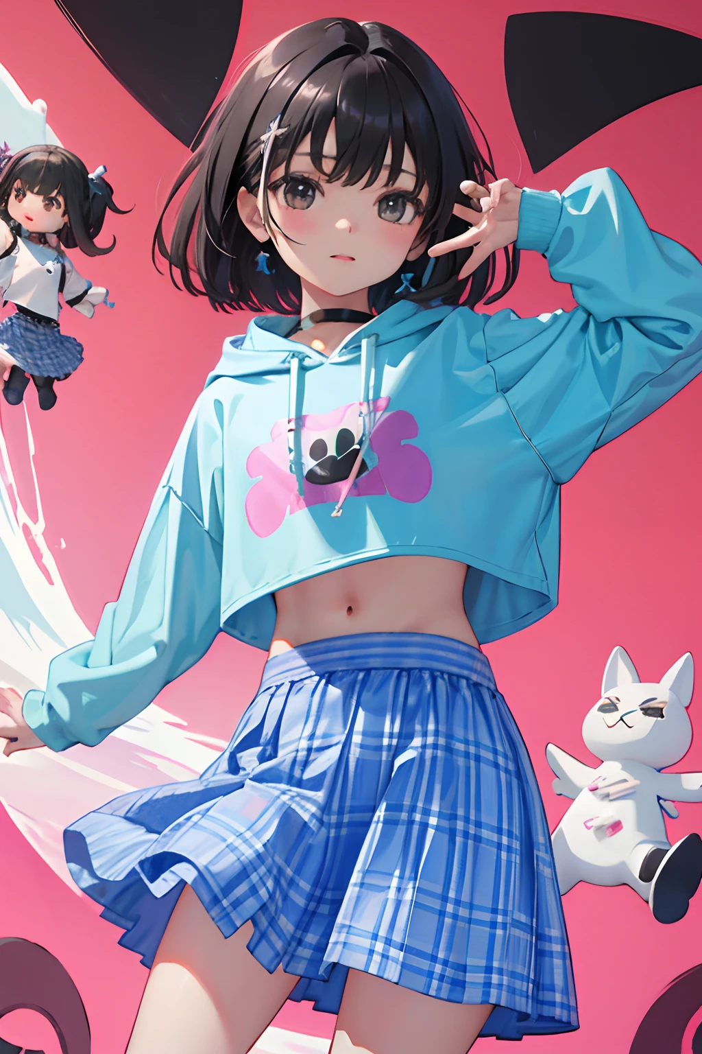(child),(masterpiece,Highest Quality),Crop Top Look,Pastel Hoodie,(gingham checked skirt),A dark-haired,Twin-tailed,World of toys