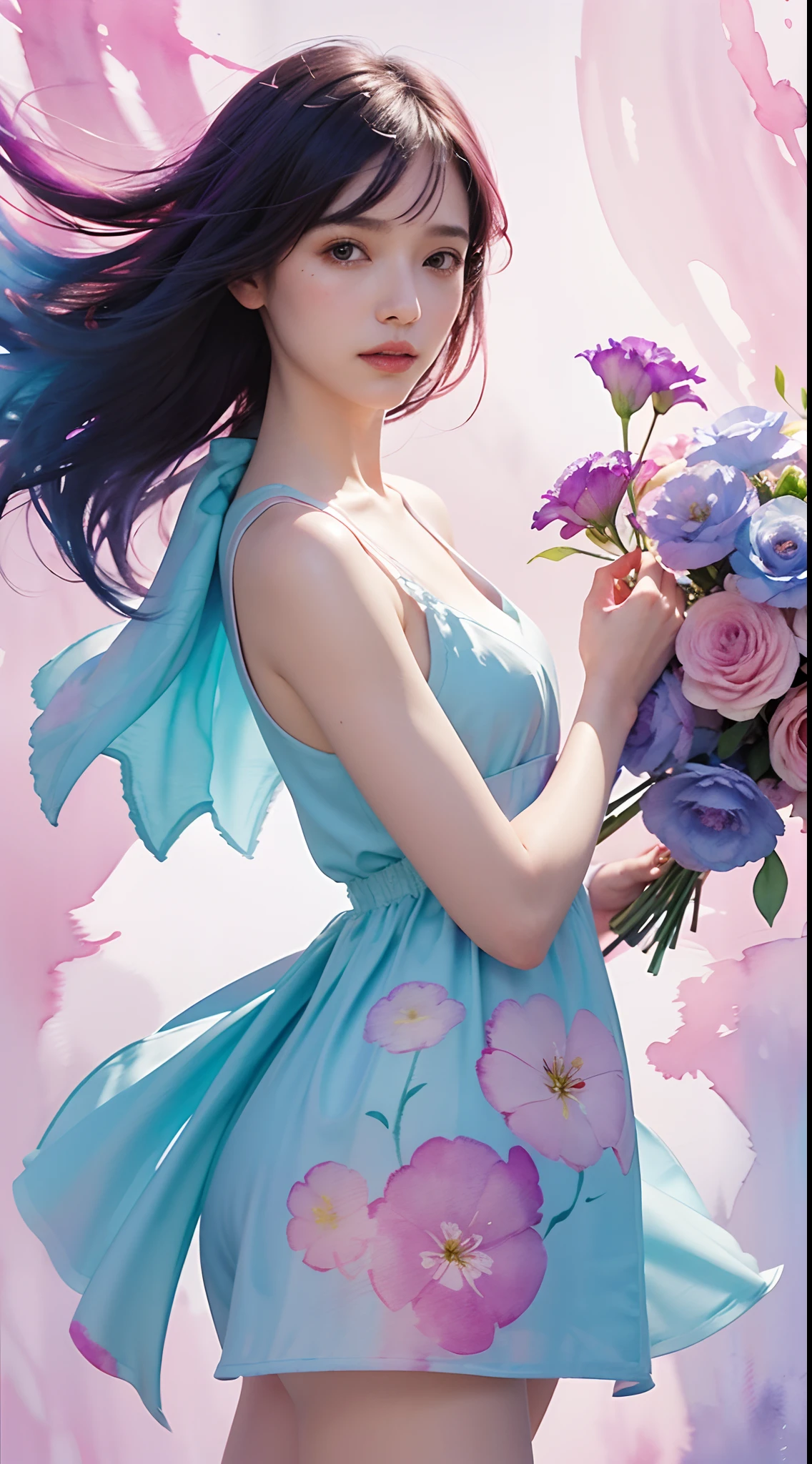 1girl,flower, Lisianthus ,in the style of light pink and light azure, dreamy and romantic compositions, pale pink, ethereal foliage, playful arrangements,fantasy, high contrast, ink strokes, explosions, over exposure, purple and red tone impression , abstract, ((watercolor painting by John Berkey and Jeremy Mann )) brush strokes, negative space, Shruti Hassan