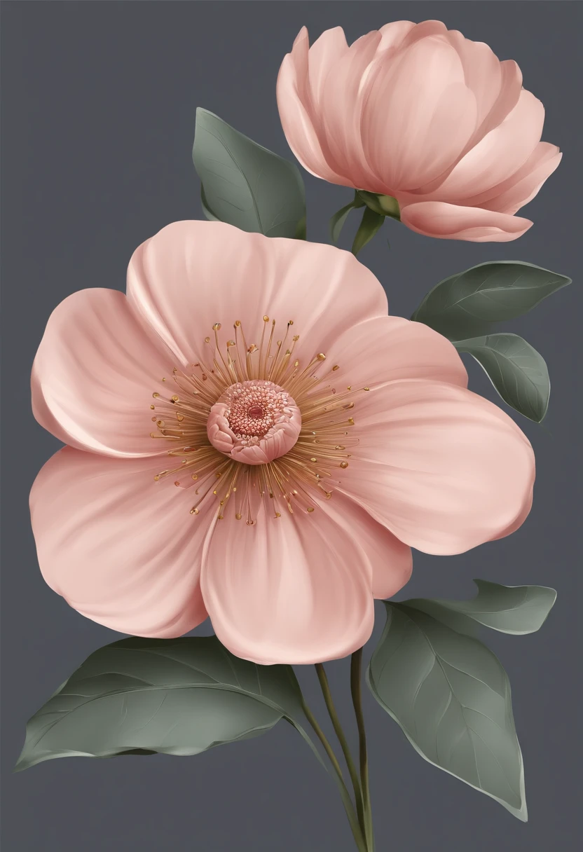 Act like a graphic designer. Generate me a graphic drawing in the form of a child's drawing. 1 single flower with 5 oval petals. The color of each oval should be: Pearl Pink, khaki, blau, rot, black