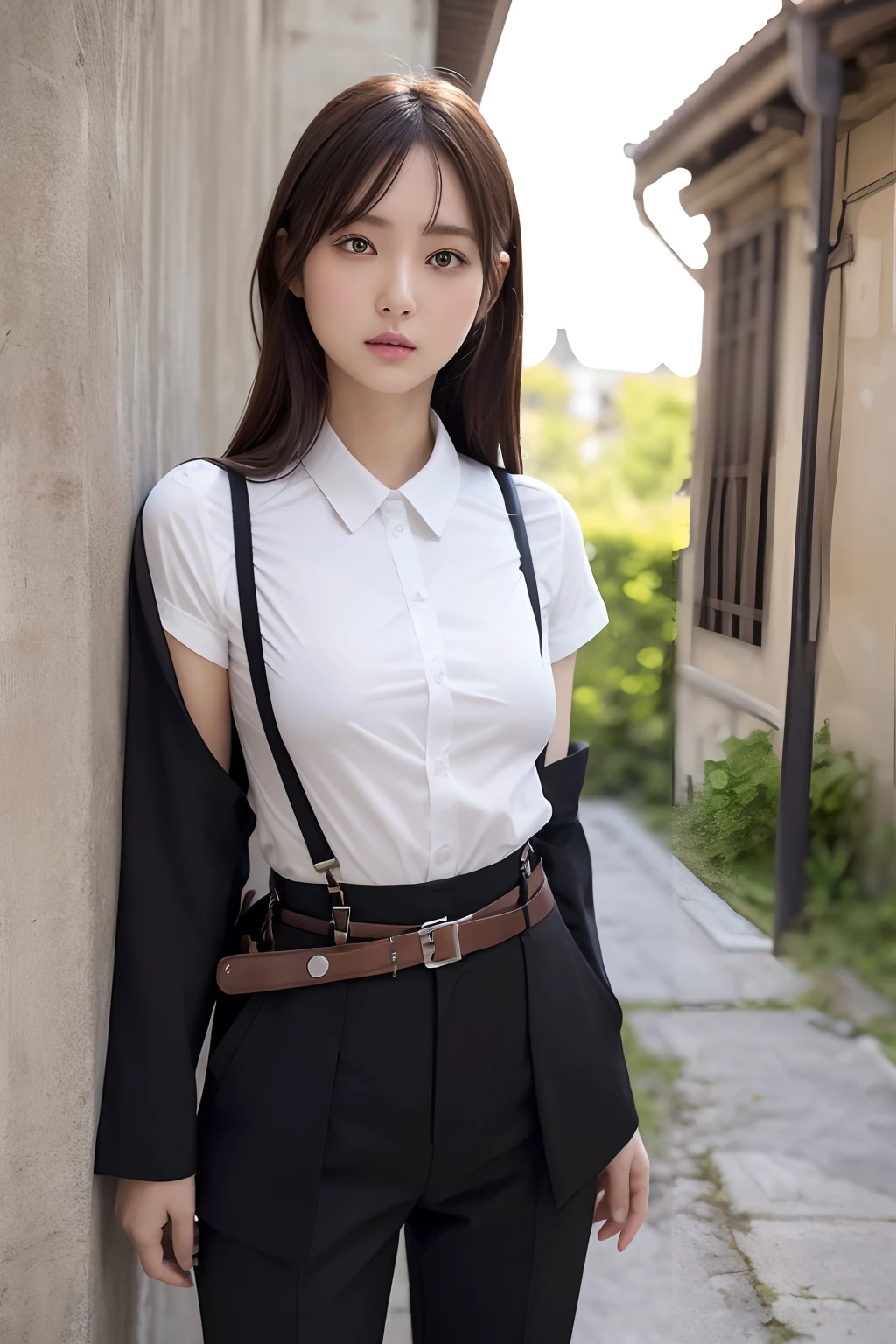masterpiece、flat-colors、depth of fields、lens flare 1 girl、、Brown hair、watching at viewers a belt black suspenders large full breasts Armpit sweat perspiring Side of both hands walls: Black pants, Black jacket holster arm Leg holster arma Gaze Small face