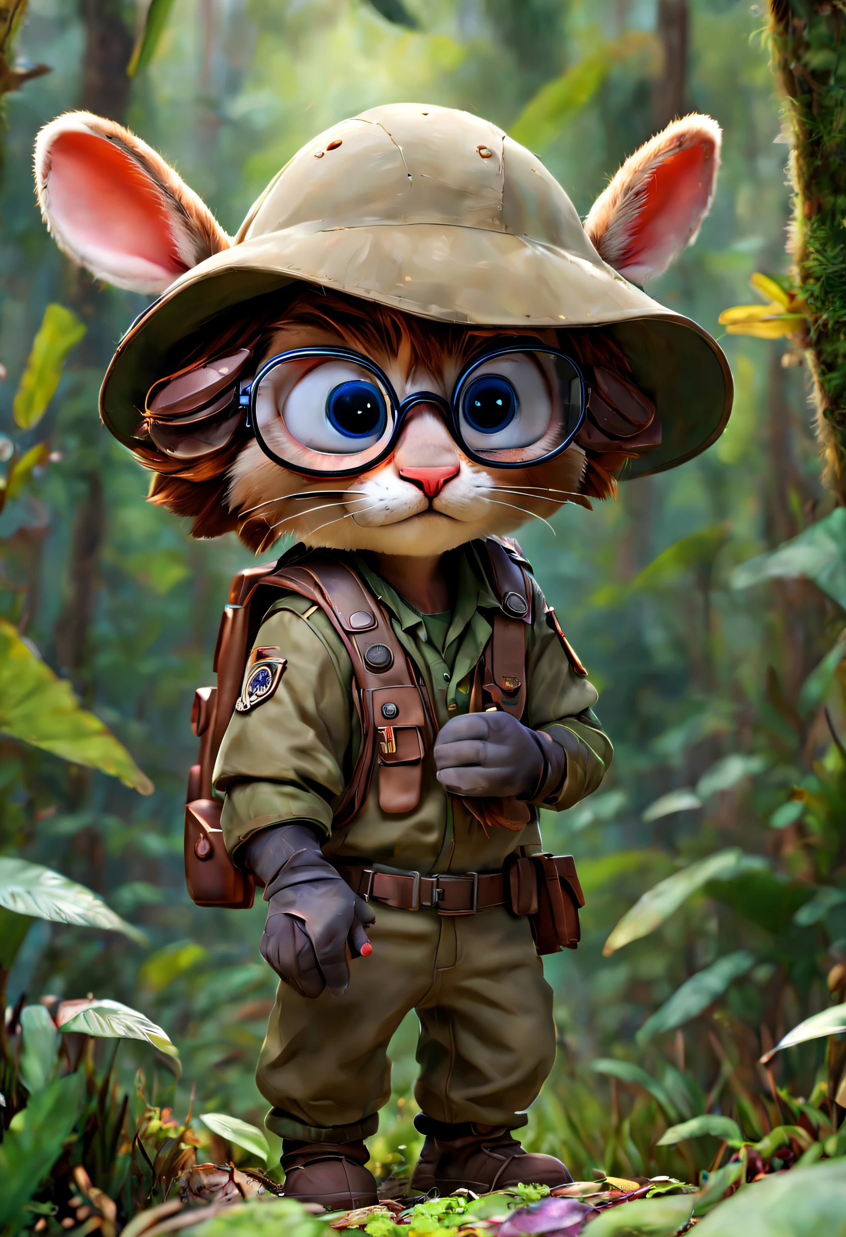 (best quality, 4k, 8k, high resolution, masterpiece: 1.2), ultra-detailed, (realistic, photorealistic, photorealistic: 1.37), rabbit dressed in explorer clothes, glasses and a helmet walking through the jungle, anthropomorphic rabbit,