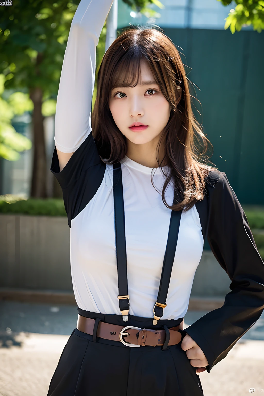 masterpiece、flat-colors、depth of fields、lens flare 1 girl、、Brown hair、watching at viewers a belt black suspenders large full breasts Armpit sweat perspiring Side of both hands walls: Black pants, Black jacket holster arm Leg holster arma Gaze Small face
