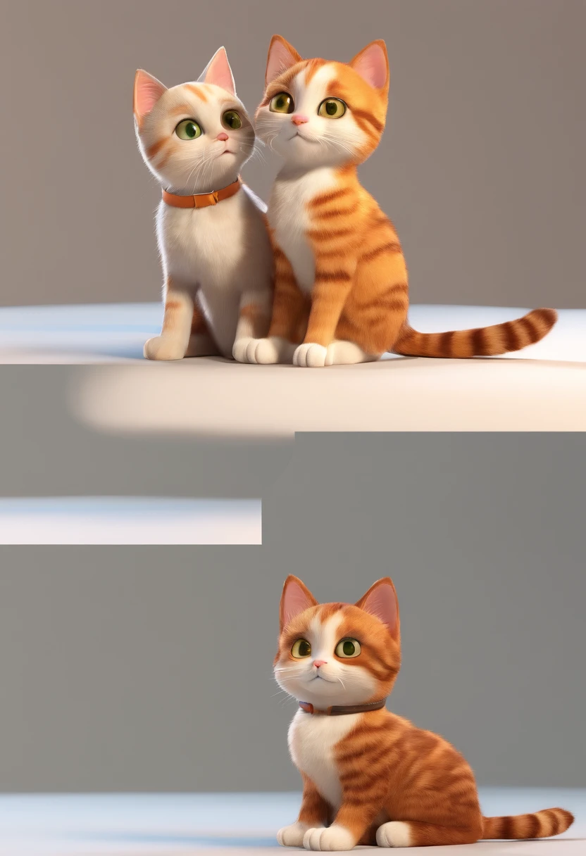 Estilo Pixar: Two kittens lying together on the sofa, um branco e um malhado marrom