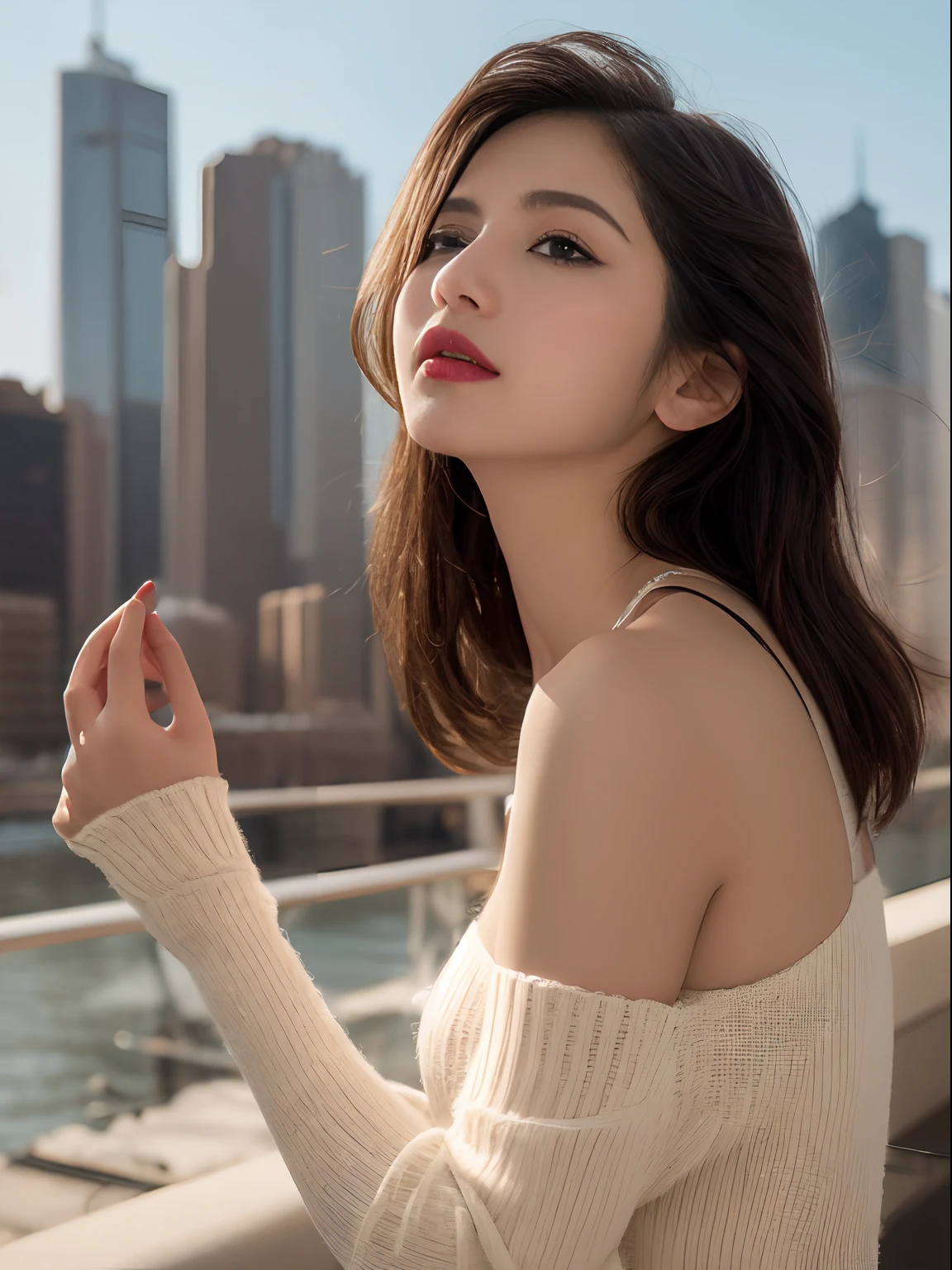 extremely delicate and beautiful girl,realisticlying,Incredibly absurd,abstract art,From waist to shoulders,catch,extra detailed body,Short Black Hong Kong Style Hair,,Floating hair,light brown hair,Vitone Hair,beautiful fine hair,Exquisite and beautiful face,Light smile,Clear eyes,parted_Lips, Black colored eyes,Neck_bow ribbon,frilld_Dress,beautiful and clear background,Beautiful sky,full bloom,very precise details,absurderes,extremely CG,((A sexy mature girl:1.5))、Thick lip、Crimson Lip Gloss、eye make up、((40 years:1.5))、Sweaters、Manhattan, New York、Sunset sky