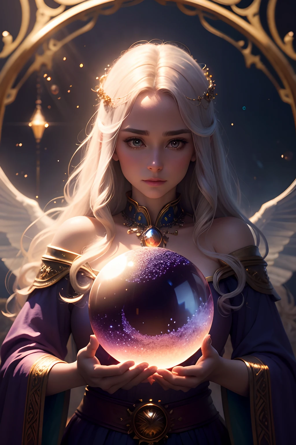 Holding a Beautiful sparkling crystal ball, mystical magical fantasy enchanted ethereal, cinematic shot, cinematic scene, stunning, breathtaking, a sense of magic in the air, magical fantasy, diffused lighting