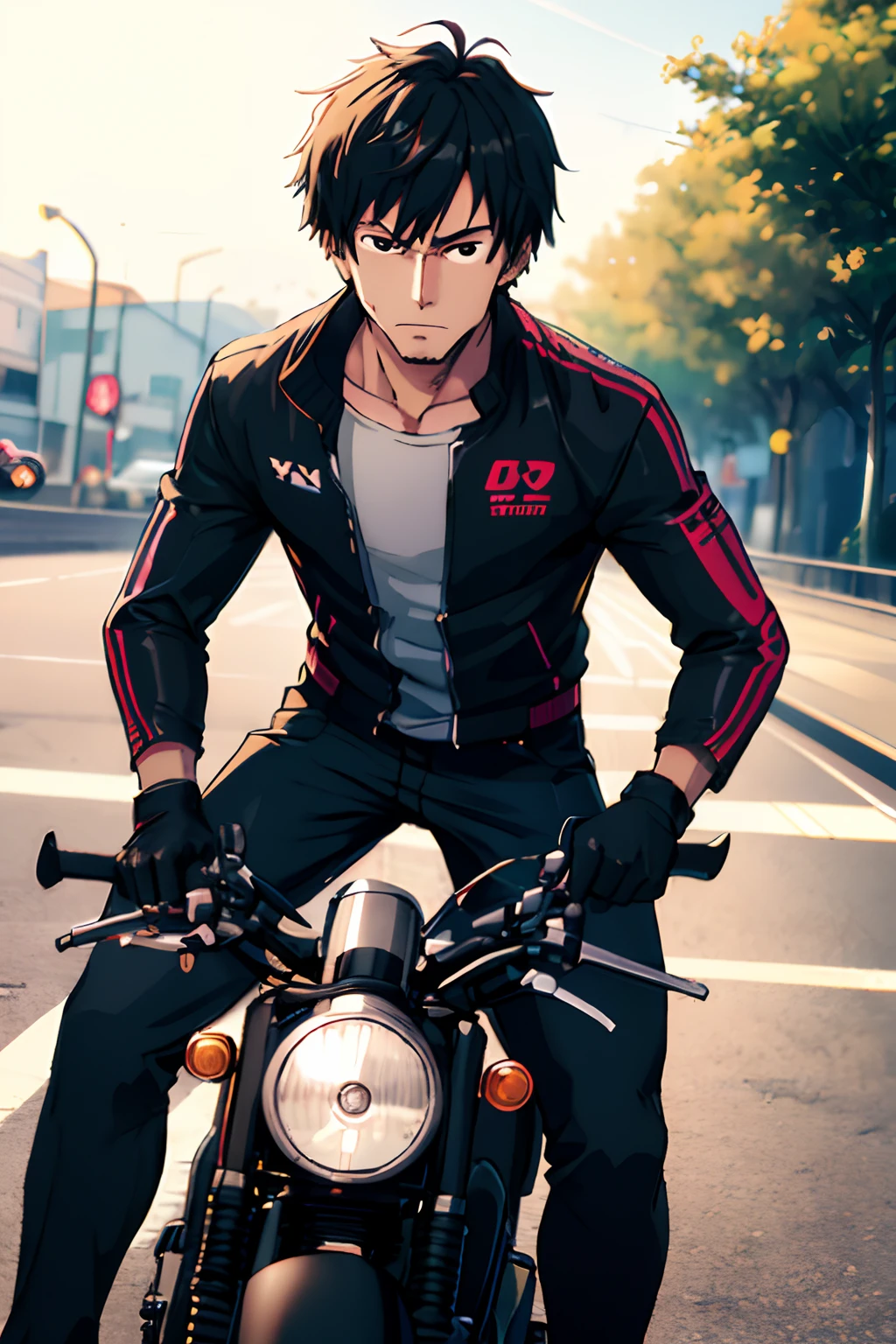 masterpiece, best quality, male, boy, pants, solo, jacket, race uniform, serafuku, thighhighs, wearing gloves, wearing backpack, short black hair, black eyes, cyberpunk, street, machinery, motor vehicle, motorcycle, suzuki, panorama, wearing helmet, speed line, depth of field, motion blur, perspective, panorama, riding, floating hair, night, neon trim, hand on hand grip