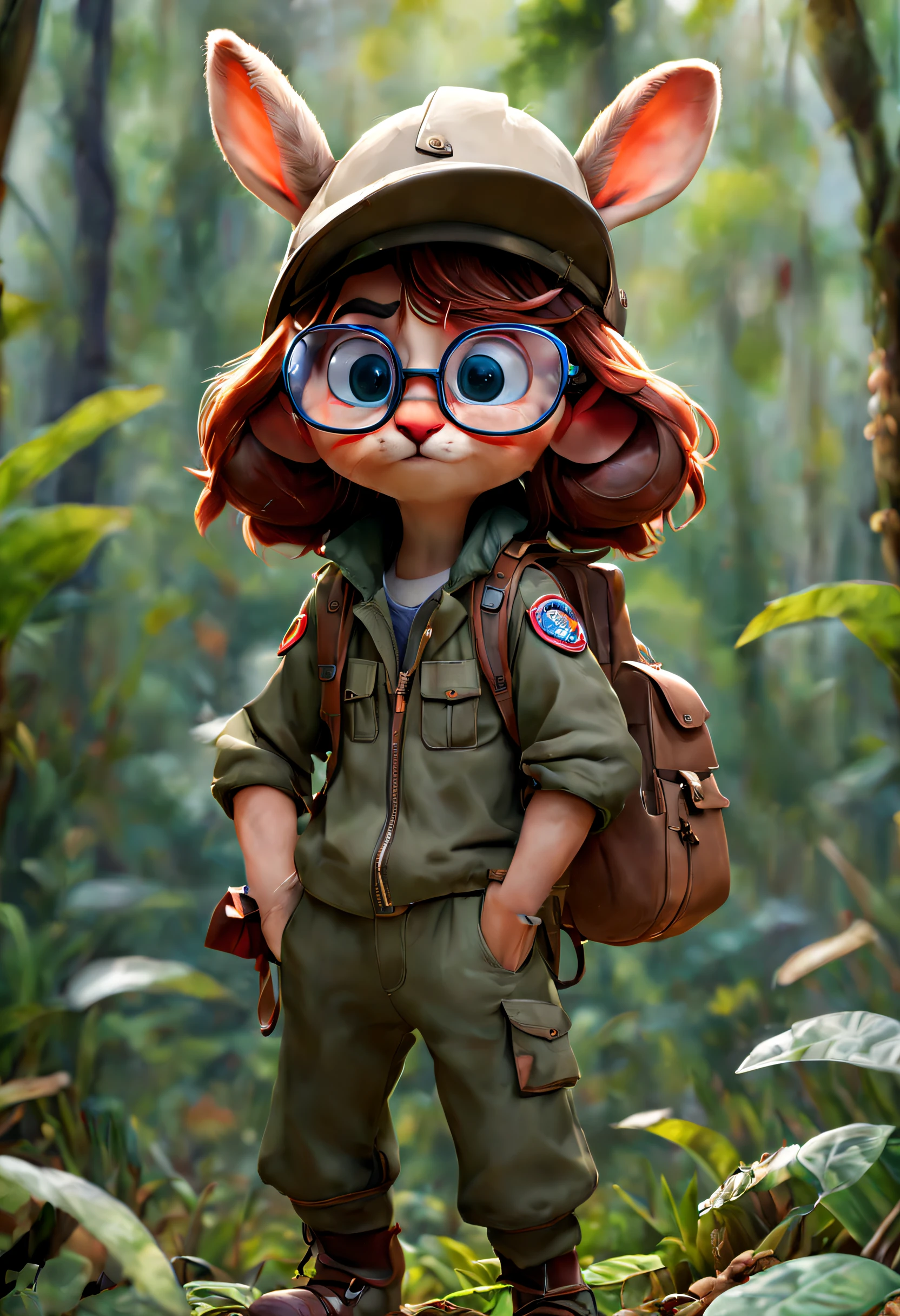 (best quality, 4k, 8k, high resolution, masterpiece: 1.2), ultra-detailed, (realistic, photorealistic, photorealistic: 1.37), rabbit dressed in explorer clothes, glasses and a helmet walking through the jungle, anthropomorphic rabbit,