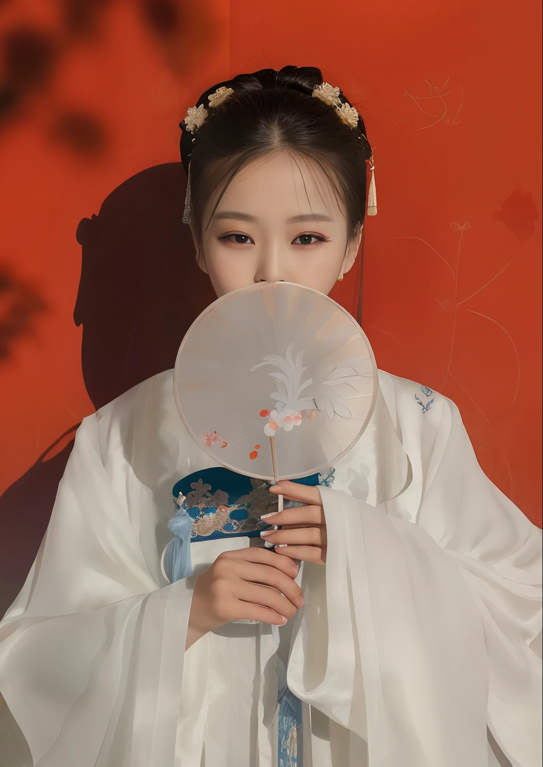 Alafi woman in white dress holding a fan in front of a red wall, Palace , A girl in Hanfu, White Hanfu, Hanfu, Wearing ancient Chinese clothes, Traditional Chinese clothing, with acient chinese clothes, Chinese costume, Princesa chinesa antiga, Chinese traditional, ancient china art style, Chinese style, China Princess, Chinese dress, Chinese girl