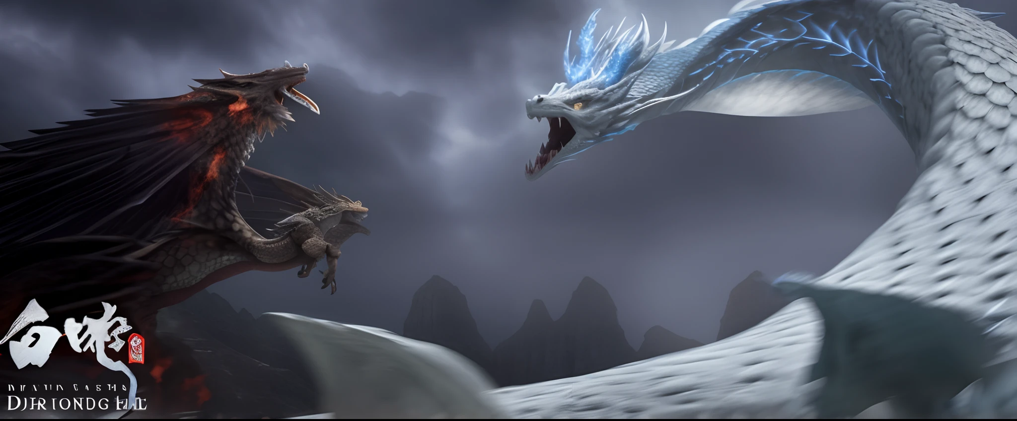 The scene features a dragon and a dragon-like creature, Frost Dragon, dragon flying in the background, battle with dragon, CG art, lightning dragons attack, Dragon in the background, dragons flying in the sky, fantasy movie still, .CGI, dragons flying around, Ice and fire, charging through a dragons lair, giant dragon flying in the sky
