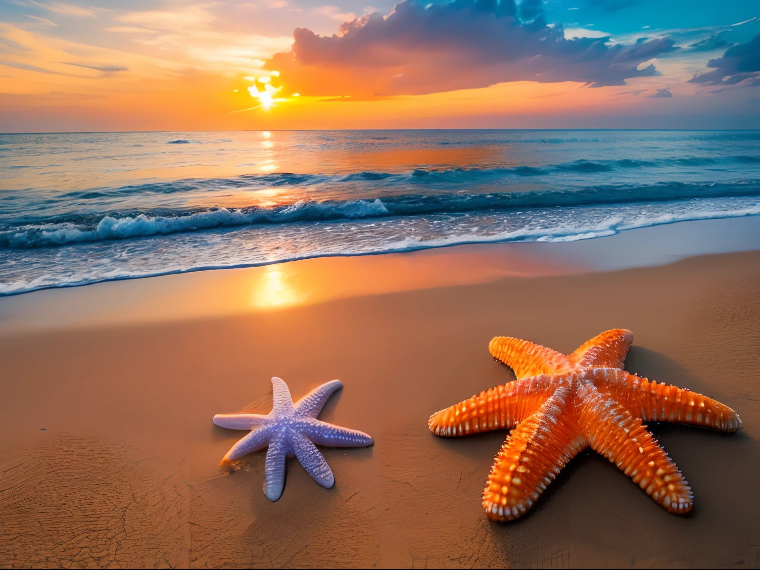 high quality, 8K Ultra HD,an orange starfish on the beach , nature, hyper realistic, sunset, shells, by yukisakura, high detailed