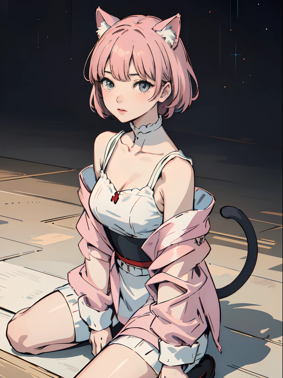 Alisa Boskonovich, top-quality, Contemporary, Flat style, minimalism, Flat illustration of green eyes, A pink-haired, short-haired, O cabelo multicolorido, Black shirt, mechanical wings, Head Portrait Close U, pointed breast, décolleté, Super Neckline, middlebreasts, tekken，Pastel pink hair, 1girl in, in a kimono, handdraw，Lineart without color, Colorful pastel yandere, tekken, Super cute pink hair girl with gothic makeup on the side, Dressed in a maid's costume，Slender figure，river，He sat on the floor，Dressed in a pink and white maid outfit，extra very short hair，Cat's ears，quadratic element，, Pink cute in 1910s clothes, Alisa Boskonovich pink lips, In the style of soft aurora punk color palette, Anime illustration of his face, animated gif, hand drawn animation, charming sketches, Smooth and bright, Ambiguous romanticism, superflat style, White background - Air 1:1 - Rainbow 5 - Expression Style - S 50 ,1920s Clothing Era Pink Cute Girl Pink Eagle, Wearing a bright white shirt, In the style of soft aurora punk color palette, Anime illustration of his face, animated gif, hand drawn animation, charming sketches, Smooth and bright, Ambiguous romanticism, superflat style, White background - Air 1:1 - Rainbow 5 - Expression Style - S 50, Absurde, alto, ultra-detailliert, (1girl in:1.3), Romper , Create an image with beautiful calligraphy