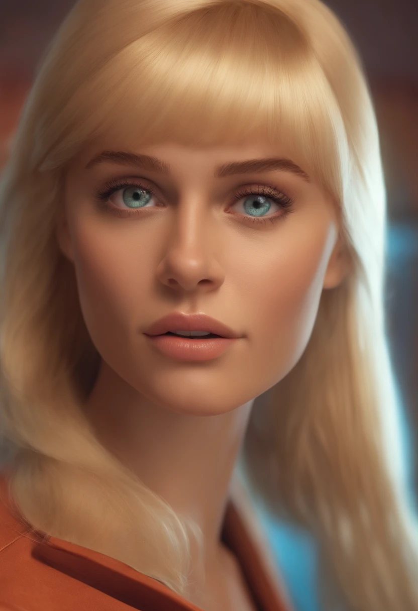 Criar um personagem no estilo pixar dentro de um jaleco. Light-eyed blonde character inside an aesthetic clinic