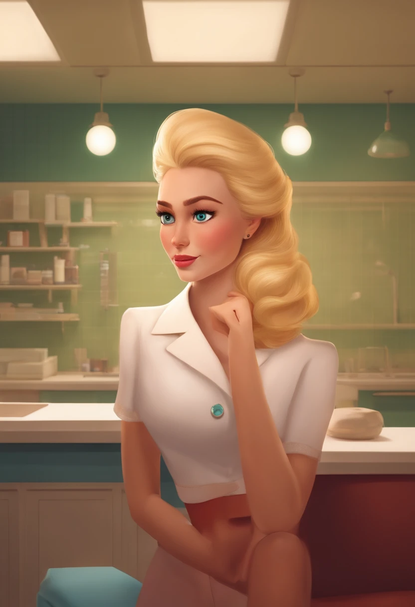 Criar um personagem no estilo pixar dentro de um jaleco. Light-eyed blonde character inside an aesthetic clinic