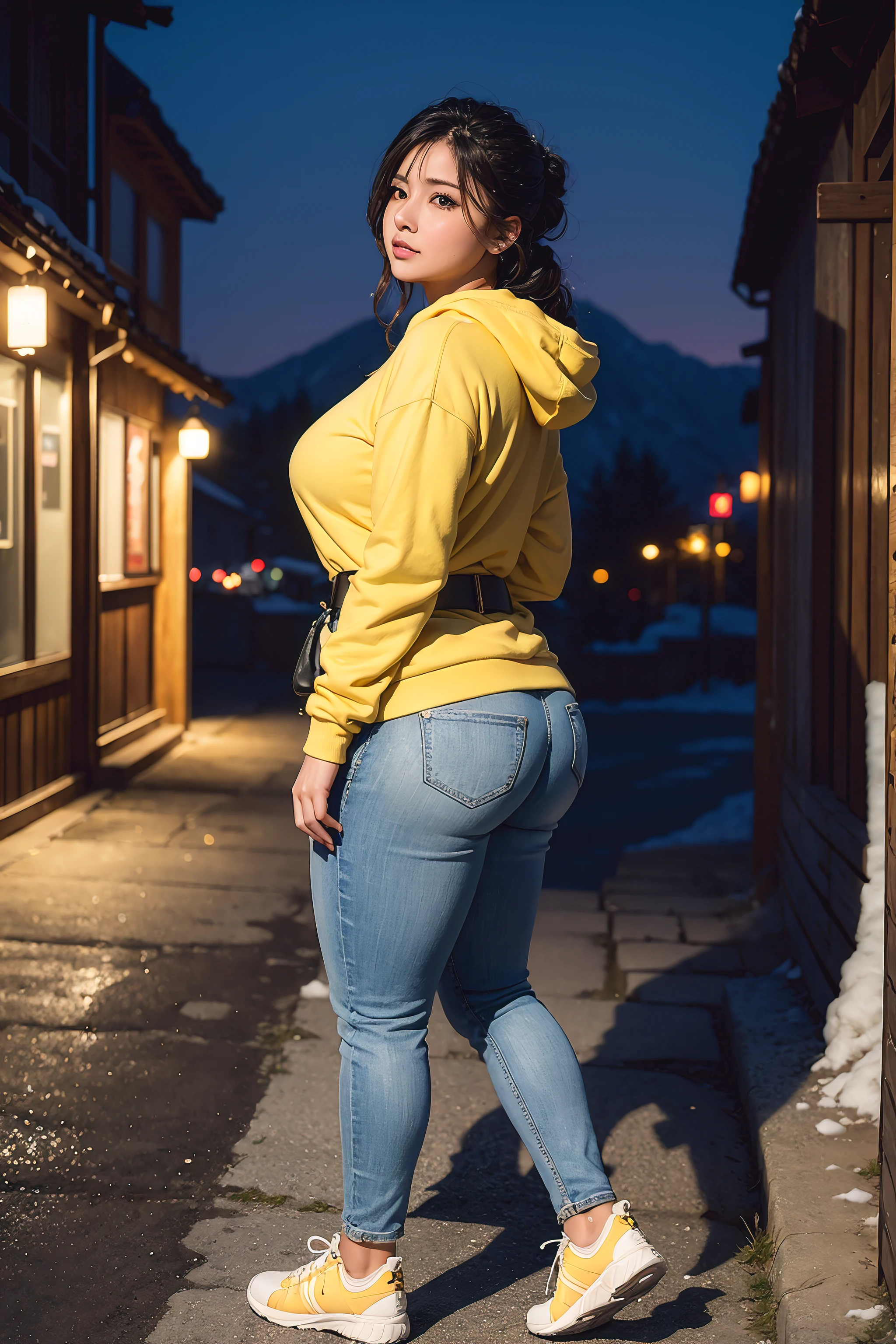 Beautiful sensual woman with a curvy body, long hair, bangs, french braid, widest waist, fitting breasts, curvy accentuated booty, sparkling eyes, long eyelashes, thick thighs, Strong calves, shy Look, taniaayusiregar, She wears a hoodie, jeans, belt, yellow sneakers, strolling through a Mountain village, looking at old buildings, evening in Winter, photorealistic, Masterpiece, bokeh, Volumetric lighting, winter season atmosphere, full body shot from the side