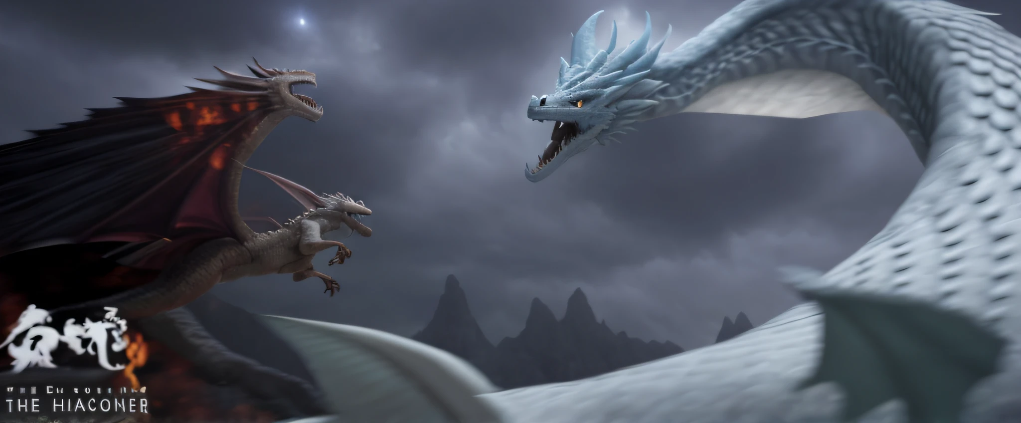 The setting features a dragon and a dragon-like creature, Frost Dragon, dragon flying in the background, battle with dragon, CG art, lightning dragons attack, Dragon in the background, dragons flying in the sky, fantasy movie still, ...CGI, dragons flying around, Ice and fire, charging through a dragons lair, giant dragon flying in the sky