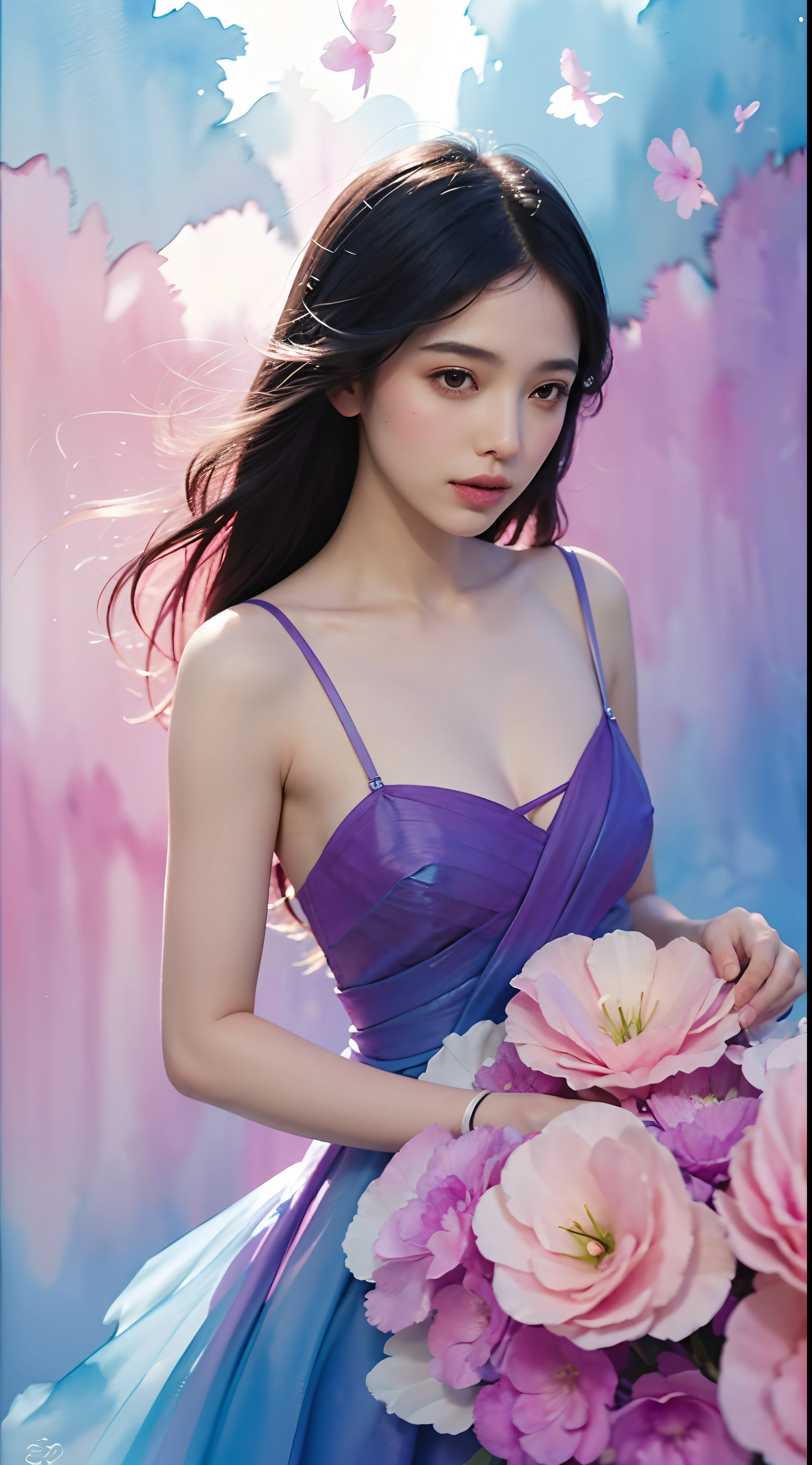 1girl,flower, Lisianthus ,in the style of light pink and light azure, dreamy and romantic compositions, pale pink, ethereal foliage, playful arrangements,fantasy, high contrast, ink strokes, explosions, over exposure, purple and red tone impression , abstract, ((watercolor painting by John Berkey and Jeremy Mann )) brush strokes, negative space, Shruti Hassan