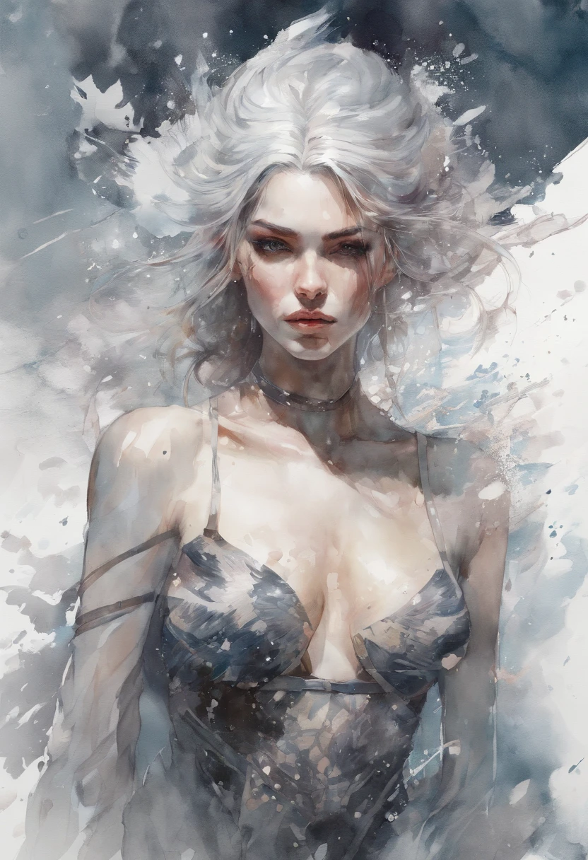 In the bra, breastsout, splits, the witcher, Ethereal, a sense of mystery, supranatural, Celestial, futuristas.Beautiful watercolor girl with big snow bra, art  stations, concept-art, Illustration by Carne Griffiths and Wadim Kashin