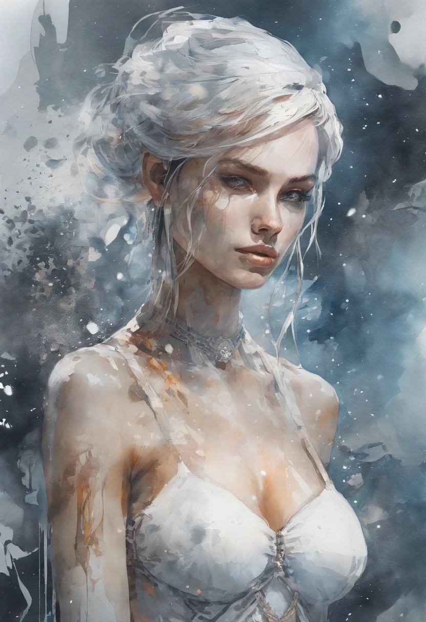 In the bra, breastsout, splits, the witcher, Ethereal, a sense of mystery, supranatural, Celestial, futuristas.Beautiful watercolor girl with big snow bra, art  stations, concept-art, Illustration by Carne Griffiths and Wadim Kashin