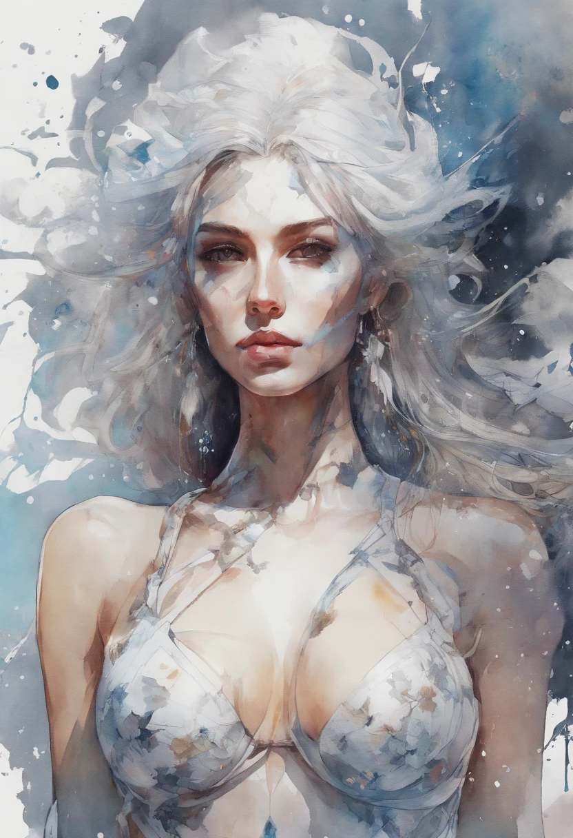 In the bra, breastsout, splits, the witcher, Ethereal, a sense of mystery, supranatural, Celestial, futuristas.Beautiful watercolor girl with big snow bra, art stations, concept-art, Illustration by Carne Griffiths and Wadim Kashin