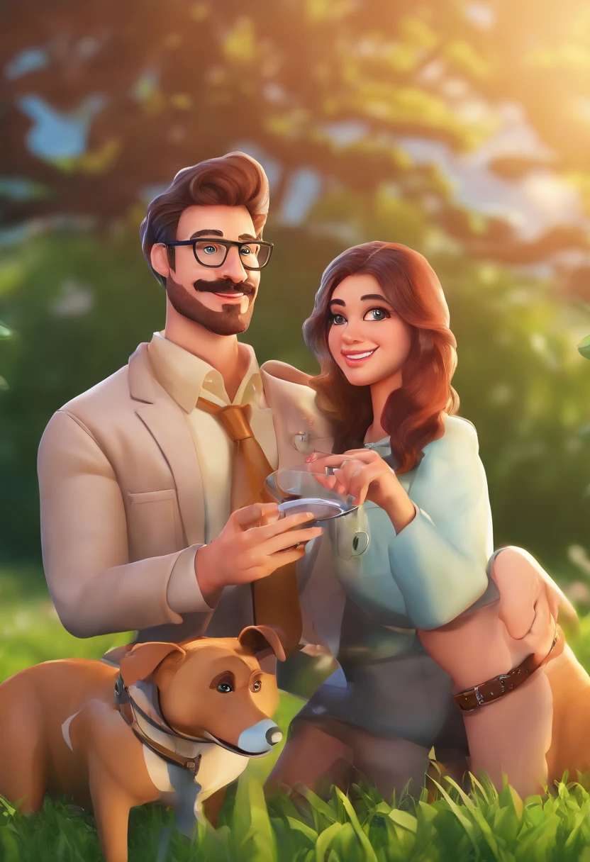 An illustration of a young man in his early thirties with a mustache and a white smiling goatee with dark hair wearing round glasses. Playing with her caramel dog with a pearl necklace around her neck in a square with green grass. E ao fundo uma casa azul de dois andares com sacada