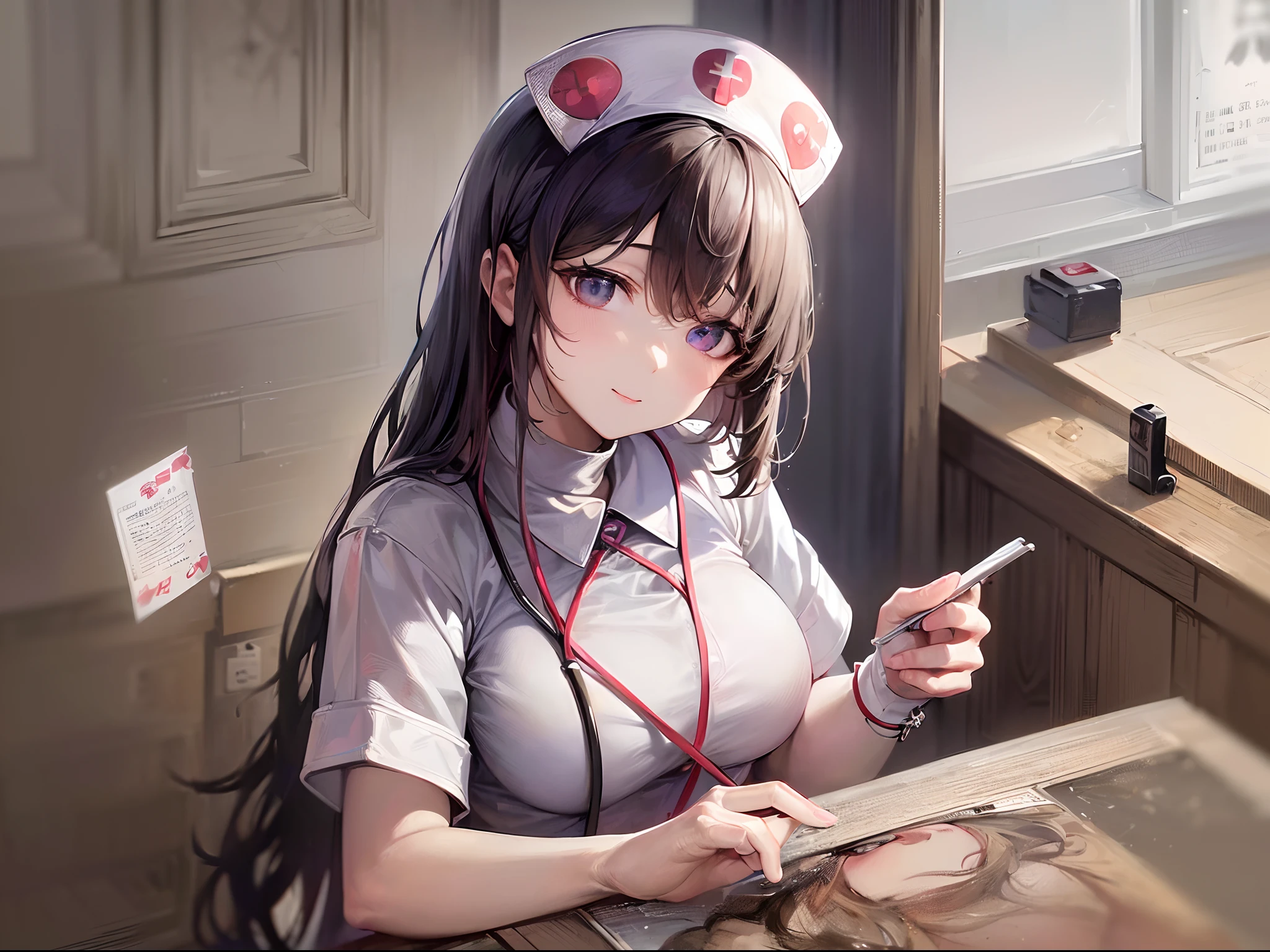 ((Finest quality)),(超A high resolution),(ultra-detailliert),(Meticulous portrayal),((best pictures)),(Finest works of art),Ultra-Precision Art,The art of astounding depiction, (1人の女性:1.5),(nurse:1.5),Gentle smile, card,in a hospitalroom