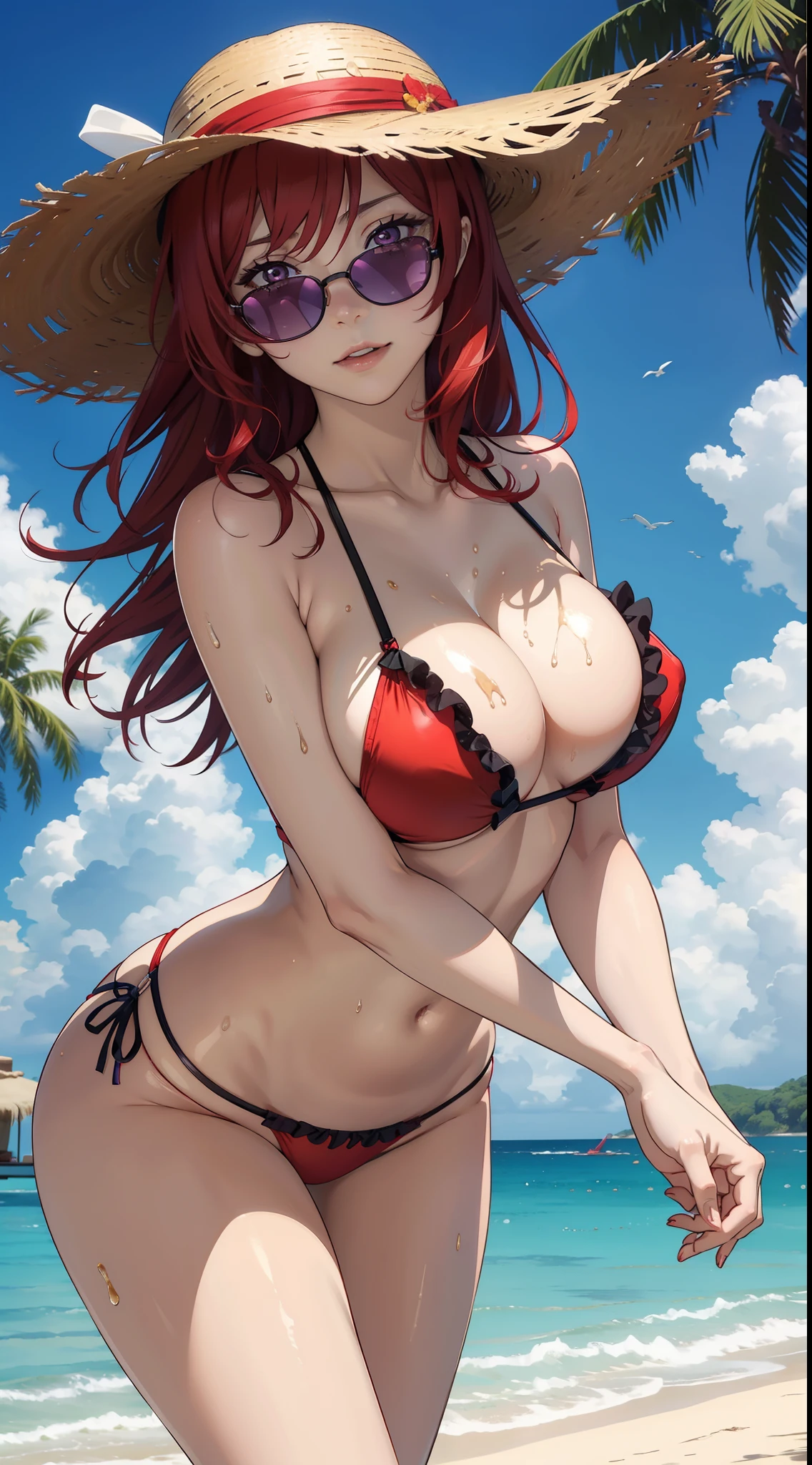 Nishikino maki, red hair,Purple eyes, thicc big breasts, bangs, frilled bikini , standing,sun glasses, flying hair, sexy, (her skin covered with oil cream),sun protector,straw hat, breasts press , body soaked in oil