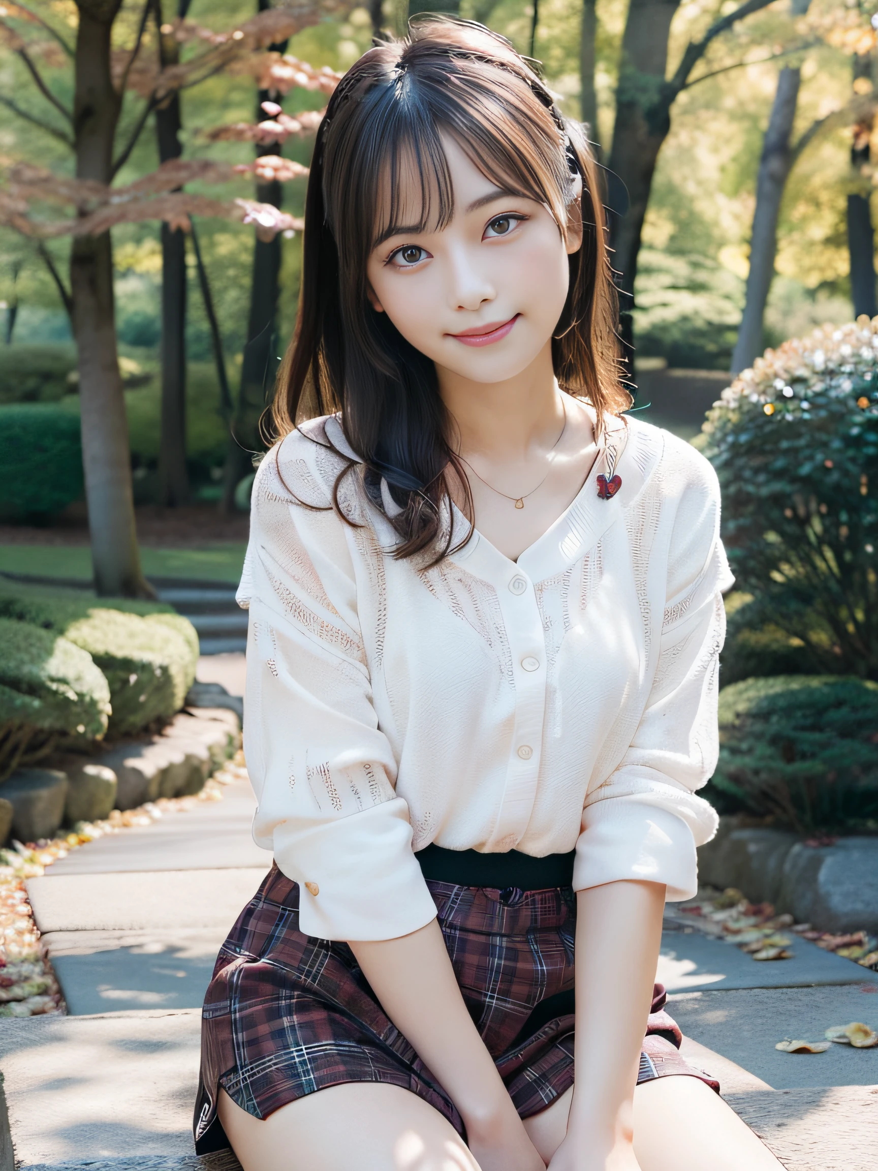 in 8K,Best Quality:1.4, 超A high resolution:1.5, (Photorealistic:1.4),masterpiece:1.2,(top-quality:1.4)、 Raw photo、Japan girls in casual clothes、Hi-Res、The ultra-detailliert、natural skin textures:1.3, realistic eyes and face details:1.7、nogizaka, cute face、30-years old:1.2、thighs thighs thighs thighs、beauty legs、Textured skin:1.2 、 (Shy smile:1.2)、Medium chest、Black eyes with beautiful details、(Casual clothing:1.2)、FULL BODYSHOT、Colored leaves、Cute mini skirt with plaid pattern:1.2、is standing、autumnal、(Park on the hill)、beautful view、pantie shot