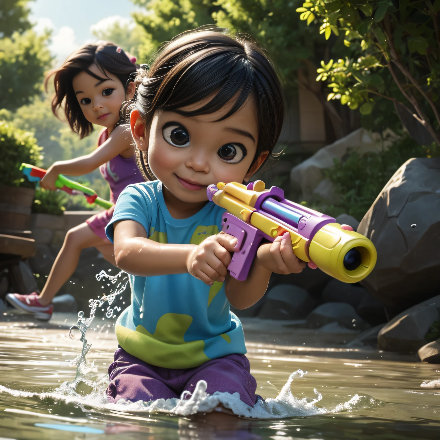 Pixar Style, Children Playing with Water Guns, Looks Fun, (Masterpiece), (Best Quality), (Super High Details)