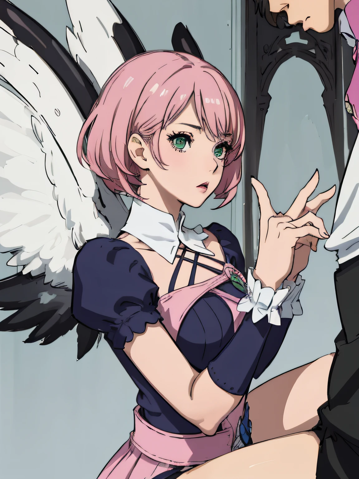 Alisa bosconovitch, melhor qualidade, contemporary, estilo plano, minimalismo, Green Eyes Flat Illustration, cabelo rosa, cabelo curto, cabelos multicoloridos, Camisa Preta, mechanical wings, Head Portrait Close-U, peito pontudo, decote, super decote, middlebreasts, Tekken,cabelo rosa pastel, 1girl, em quimono, hand-painted,Desenho de linha sem cor, colorida do yandere pastel, Tekken, Super cute pink hair girl with gothic makeup on the side, com roupa de empregada,figura esbelta,robusto,He sat on the floor,Vestido com roupas de empregada rosa e branco,cabelos muito curtos,com orelhas de gato,quadratic element,, kawaii cor-de-rosa na roupa da era de 1910, Alisa Bosconovich pink lips, no estilo da paleta de cores suave aurorapunk, an anime illustration of his face, gifs animados, hand drawn animation, charming sketches, suave e brilhante, romantismo nebuloso, Estilo Superflat, fundo branco - ar 1:1 - niji 5 - estilo expressivo --s 50 ,Pink kawaii girl in the era of 1920s clothesPink eagles, vestindo uma camisa branca brilhante, no estilo da paleta de cores suave aurorapunk, an anime illustration of his face, gifs animados, hand drawn animation, charming sketches, suave e brilhante, romantismo nebuloso, Estilo Superflat, fundo branco - ar 1:1 - niji 5 - estilo expressivo --s 50, Absurdo, Alto, ultra detalhados, (1girl:1.3), quebrar , Crie uma imagem com uma bela caligrafia