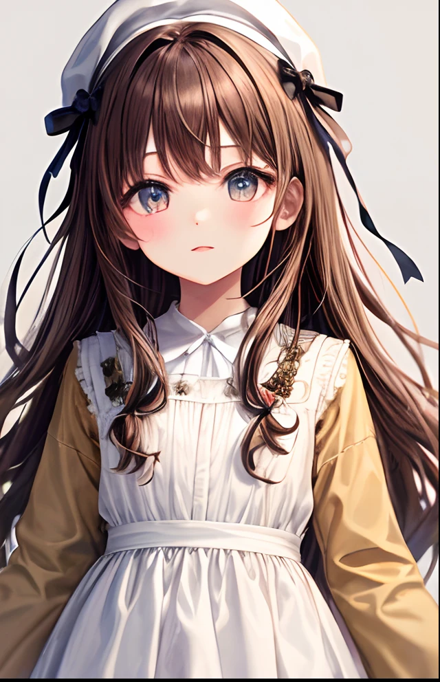 girl with、No background、without background、Through Background、Light brown hair、ocher hair、ocher eyes、White cap、frilld、White long sleeve dress、Long sleeve dress in white、bow ribbon、kawaii、childish、without background