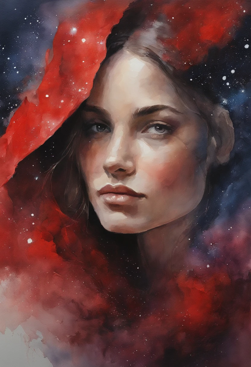 Impasto Oil Painting of a Woman, Teenage female、profile , stares at the camera,doa、fold hand with、 The background is outer space,Red Galaxy、 hyper - realistic oil painting. masterpiece artwork、wish、Reverent look、infp young woman、Dark hair.