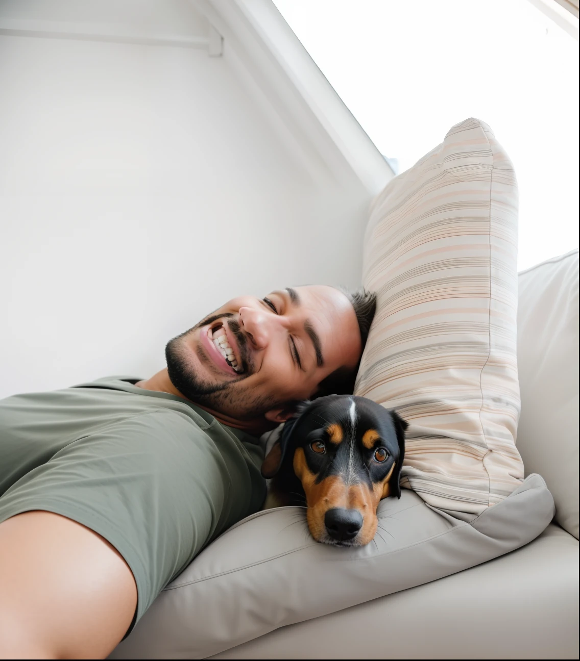 Man lying on a sofa with a dog on his lap, with his hyperactive little dog, relaxing and smiling at camera, relaxing on the couch, feliz com a boca aberta, deitado em um travesseiro, Tomado com Sony Alpha 9, Retrato Grande Angular, selfie of a dog, sitting on the couch, relaxing on a couch