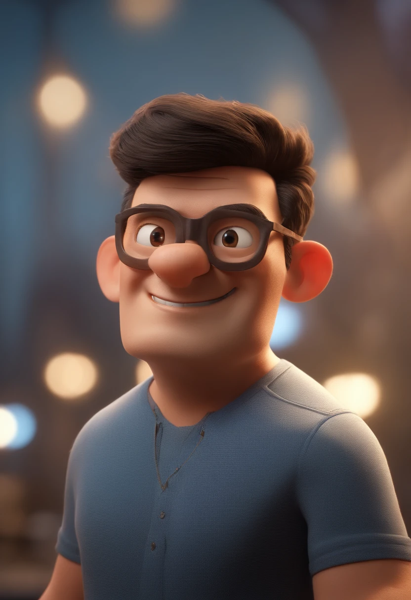 Cartoon character of a man with black glasses and a blue shirt, animation character, Caractere estilizado, animation style rendering, 3D estilizado, Arnold Maya render, 3 d render stylized, toon render keyshot, Personagem 3D, Personagem 3D, 3d rendering stylized, 3 d character render, personagem de desenho animado, Personagem de close up, Pose de personagem, (Estilo Pixar) (master part:1.2) (Bokeh) (best quality) (pele detalhada) (textura detalhada) (8k) (argila) (Cinematic lighting) (foco nítido