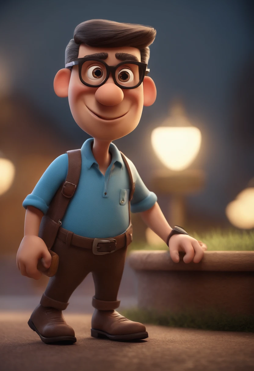 Cartoon character of a man with black glasses and a blue shirt, animation character, Caractere estilizado, animation style rendering, 3D estilizado, Arnold Maya render, 3 d render stylized, toon render keyshot, Personagem 3D, Personagem 3D, 3d rendering stylized, 3 d character render, personagem de desenho animado, Personagem de close up, Pose de personagem,  (Estilo Pixar) (master part:1.2) (Bokeh) (best quality) (pele detalhada) (textura detalhada) (8k) (argila) (Cinematic lighting) (foco nítido