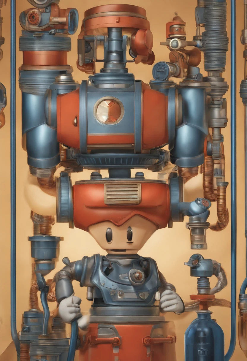 Make a mechanical man like Disney Cartoon, He's got a uniform on, Cap on the head written MG hoses, He is next door to an auto parts factory called MG HOSES, Pixar, ..3d, Disney