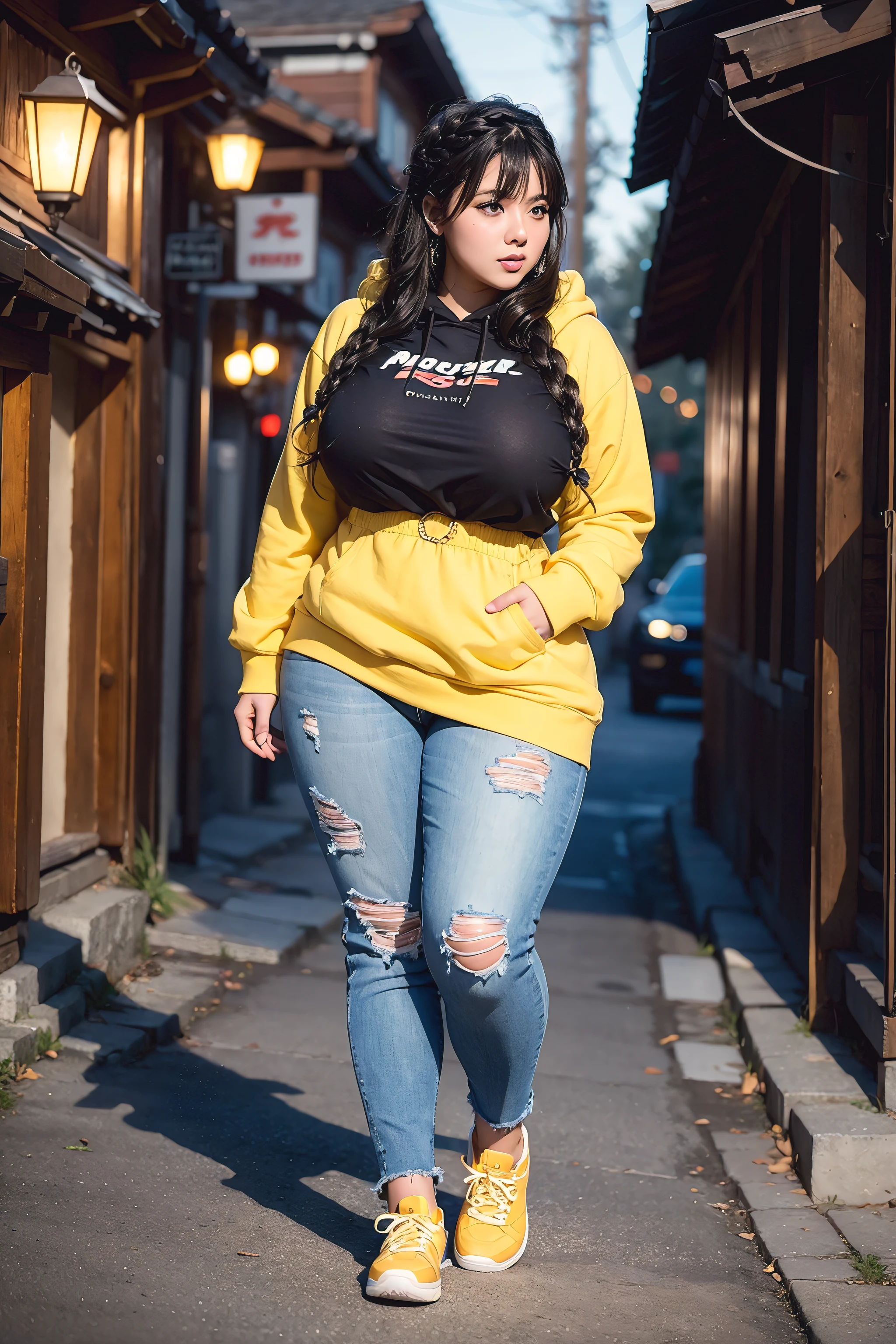 Beautiful sensual woman with a curvy body, long hair, bangs, french braid, widest waist, fitting breasts, curvy accentuated booty, sparkling eyes, long eyelashes, thick thighs, Strong calves, shy Look, taniaayusiregar, She wears a yellow hoodie, jeans, belt, yellow sneakers, strolling through a Mountain village, looking at old buildings, evening in Winter, photorealistic, Masterpiece, bokeh, Volumetric lighting, winter season atmosphere, full body shot from the back