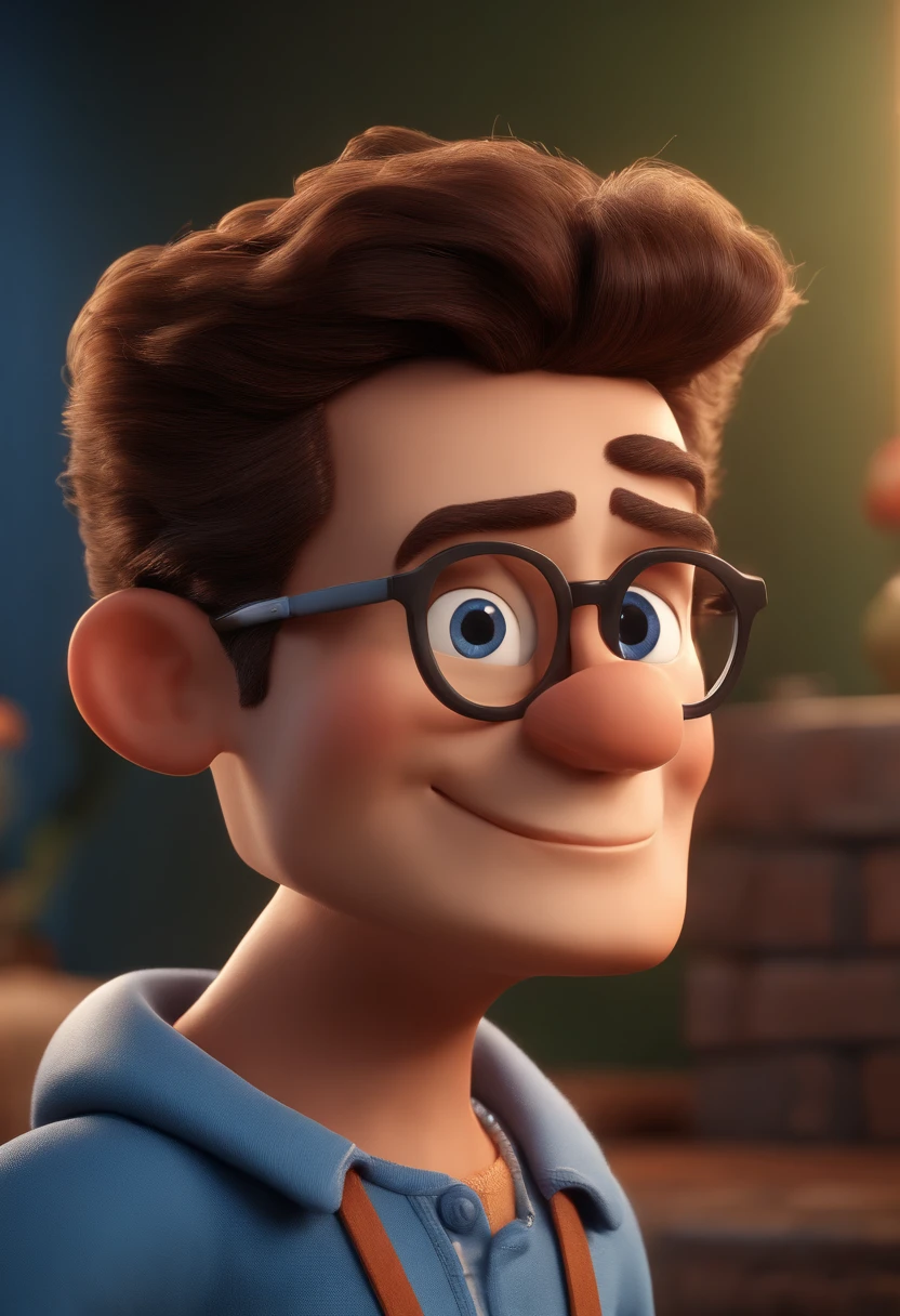 Cartoon character of a man with black glasses and a blue shirt, animation character, Caractere estilizado, animation style rendering, 3D estilizado, Arnold Maya render, 3 d render stylized, toon render keyshot, Personagem 3D, Personagem 3D, 3d rendering stylized, 3 d character render, personagem de desenho animado, Personagem de close up, Pose de personagem, (Estilo Pixar) (master part:1.2) (Bokeh) (best quality) (pele detalhada) (textura detalhada) (8k) (argila) (Cinematic lighting) (foco nítido
