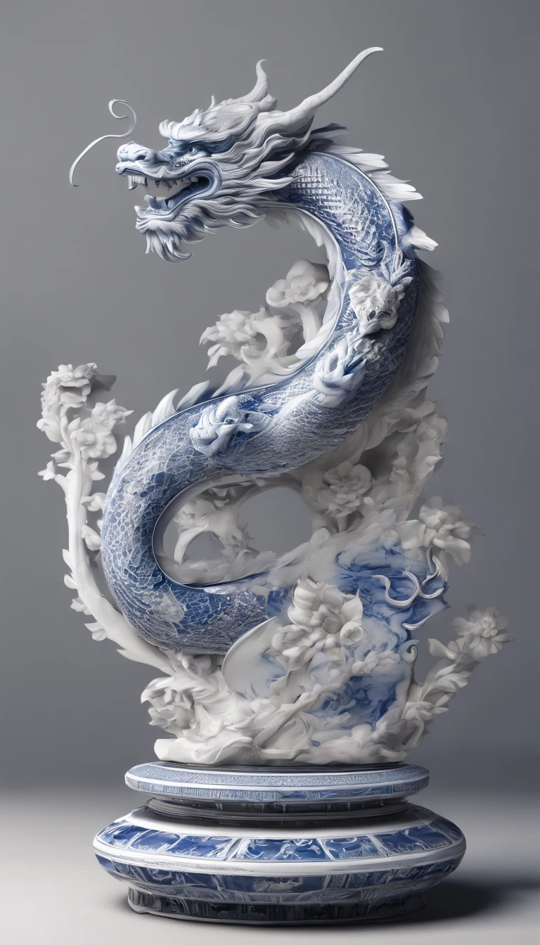 A close up of a dragon statue on a pedestal with a gray background ...