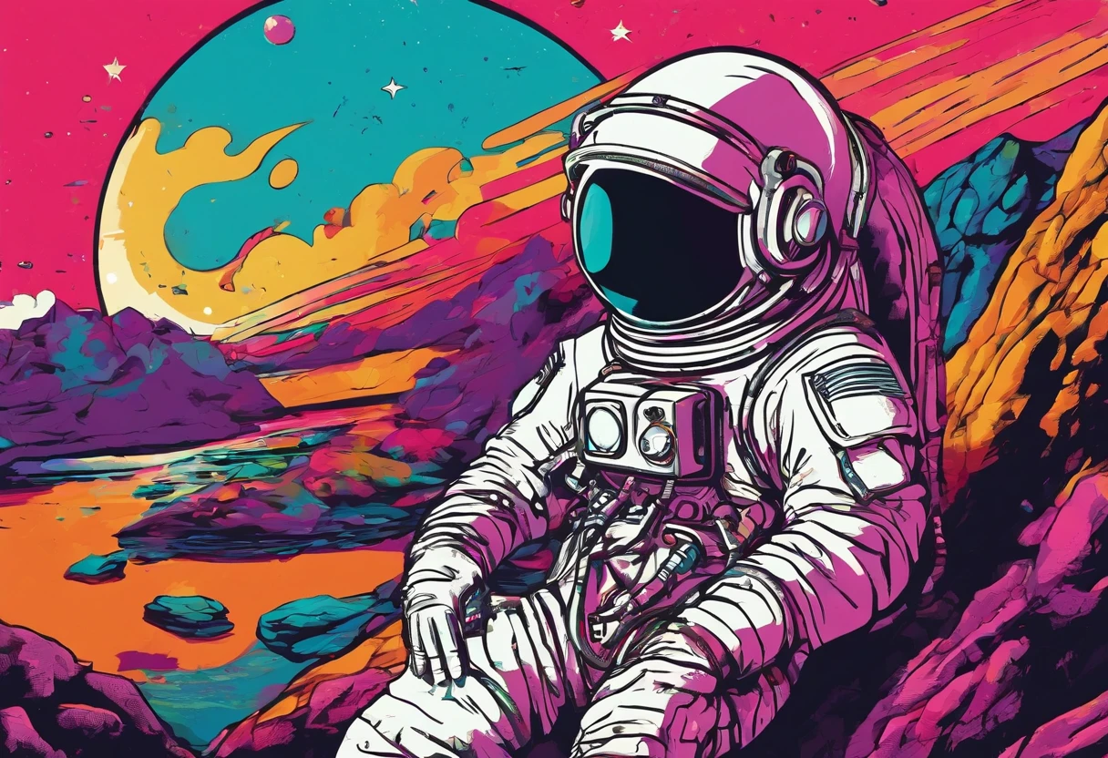 An astronaut sitting on a rock in a relaxed position, digital imaging, vector art
